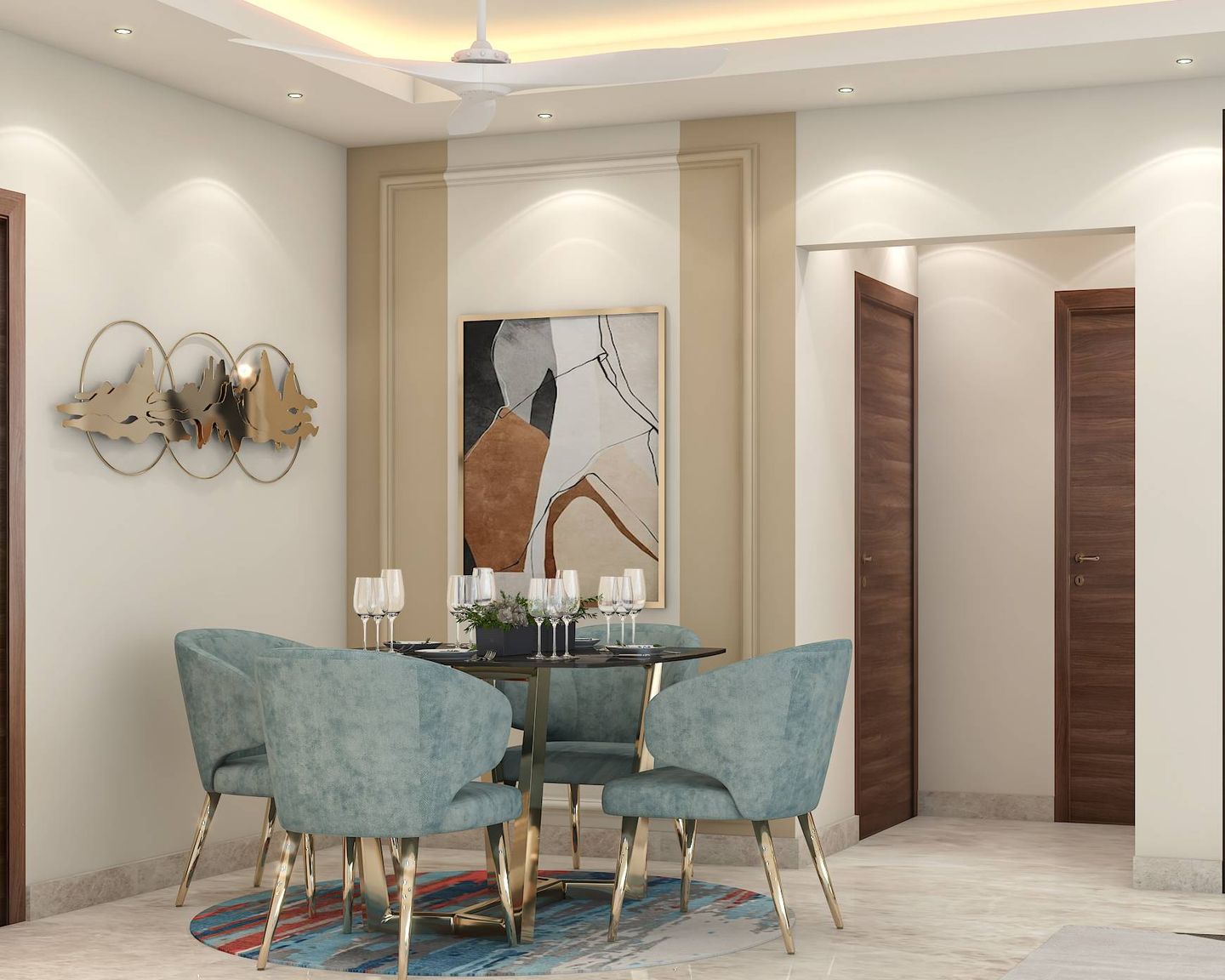 Modern Style Dining Room Design With Blue Chairs | Livspace