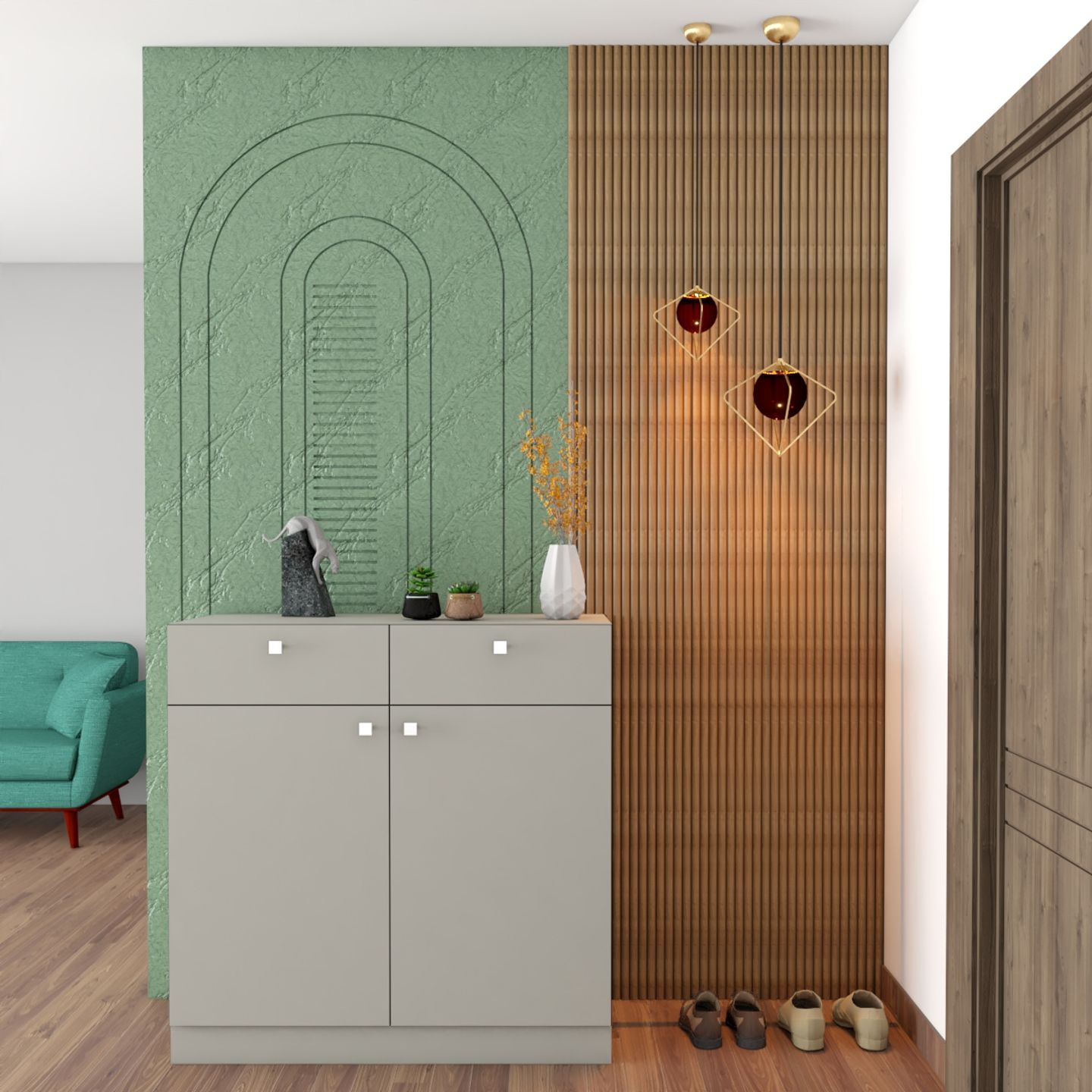 Compact Foyer Design With Partial Green Wall | Livspace