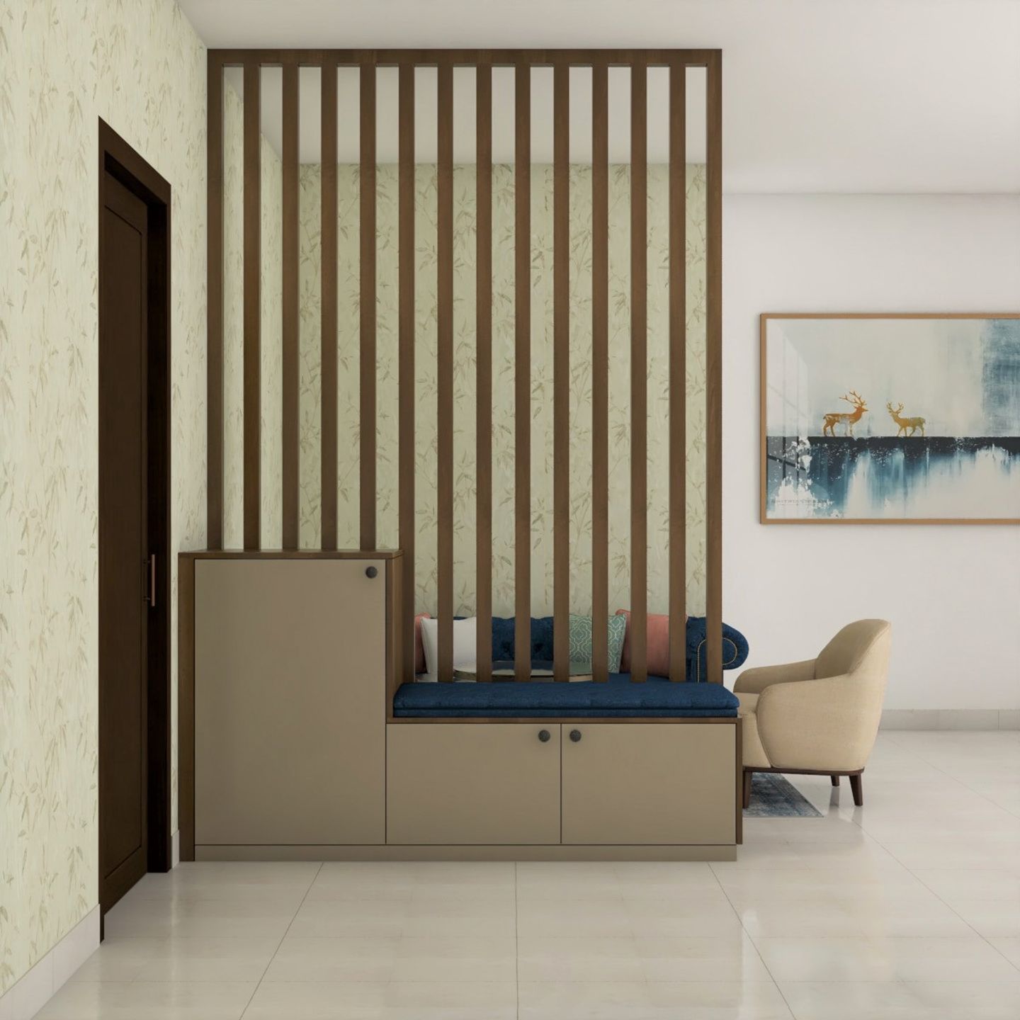 Beige and Wooden Foyer Design - Livspace