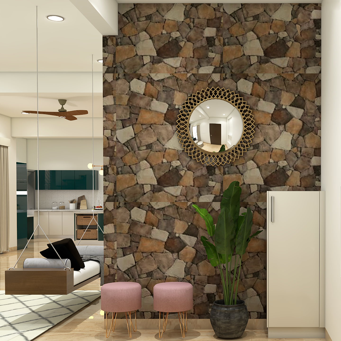 Contemporary Foyer With Stone Wall - Livspace