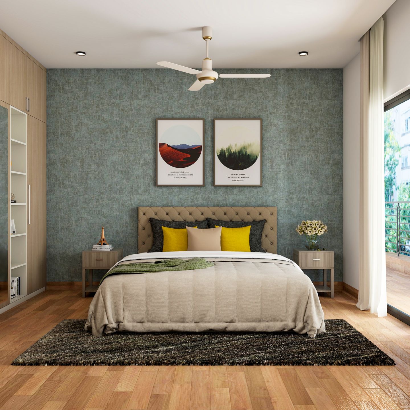 Guest Bedroom Design with Beige Tufted Bed - Livspace