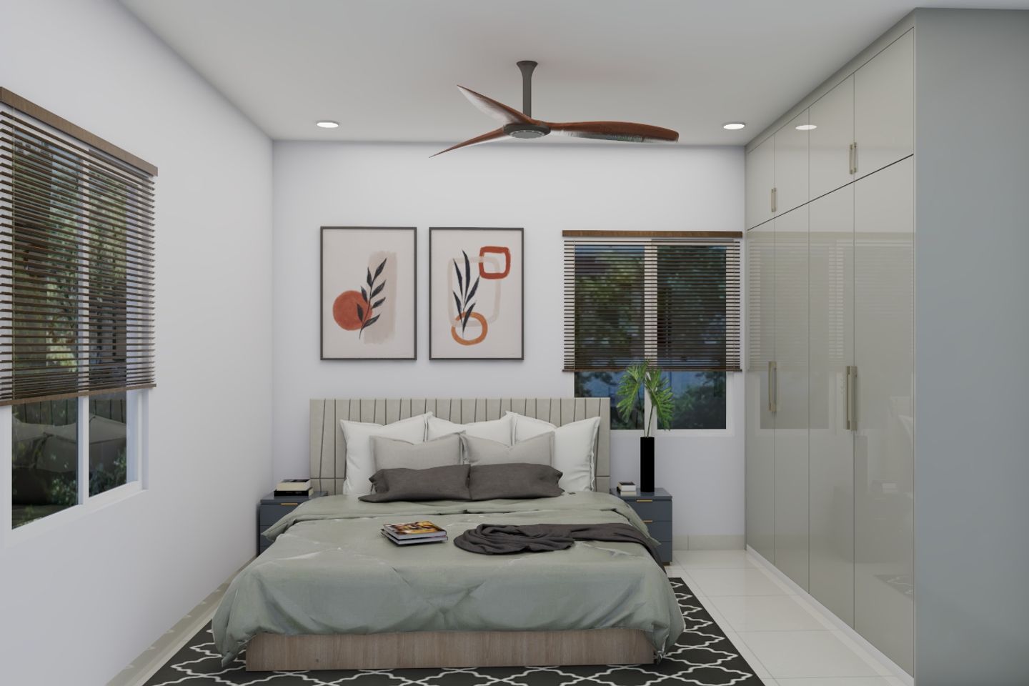 Spacious Guest Bedroom Design With Glossy Grey Wardrobe | Livspace