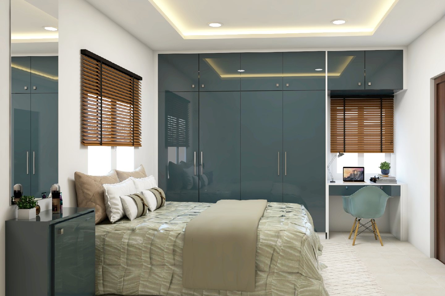 Guest Bedroom With Sea Blue Wardrobe - Livspace