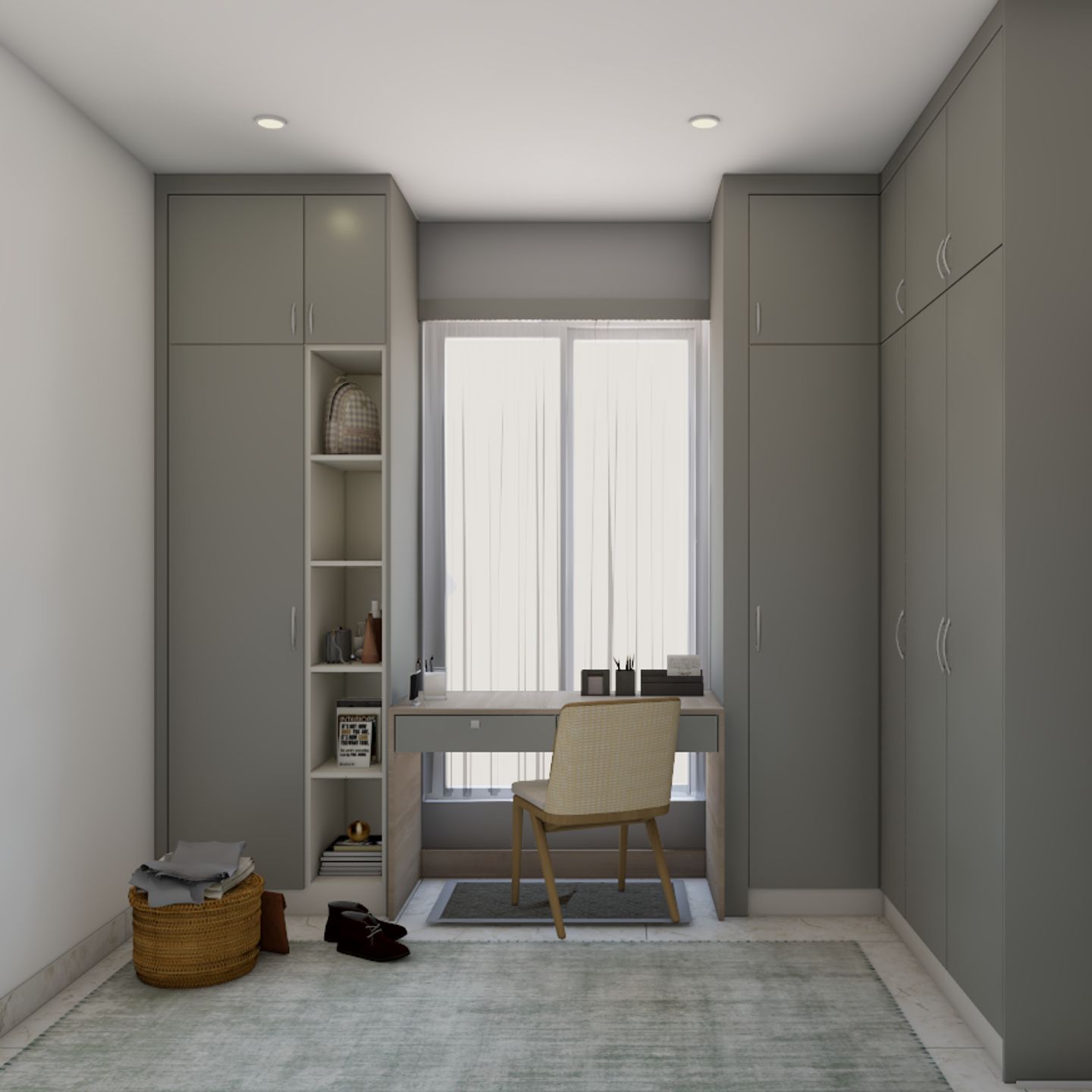 Modern Grey Home Office Design With Floor-to-Ceiling Wardrobe