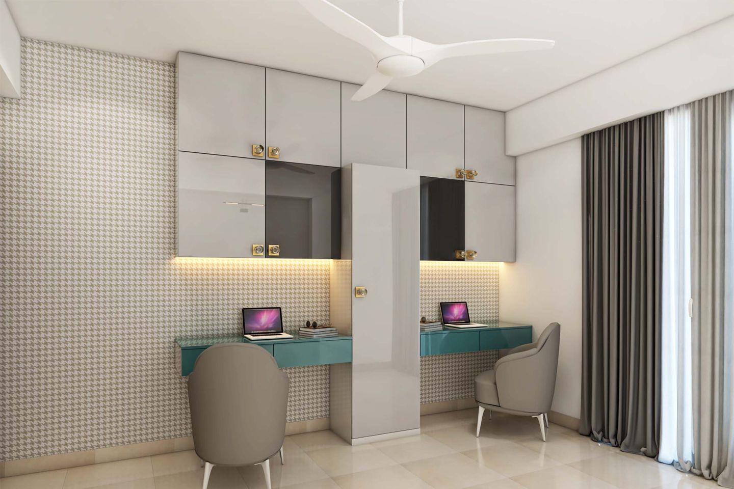 Grey-Themed Home Office Design With Aqua-Blue Desks - Livspace