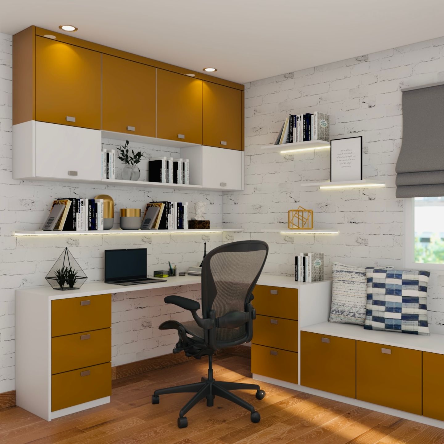 Modern Home Office Design With A Peach And White Finish | Livspace - Home Office Design Ideas With Textured Wall