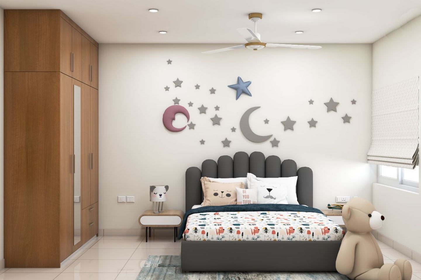 Dark Grey Modern Kid's Bedroom Design With Double Bed