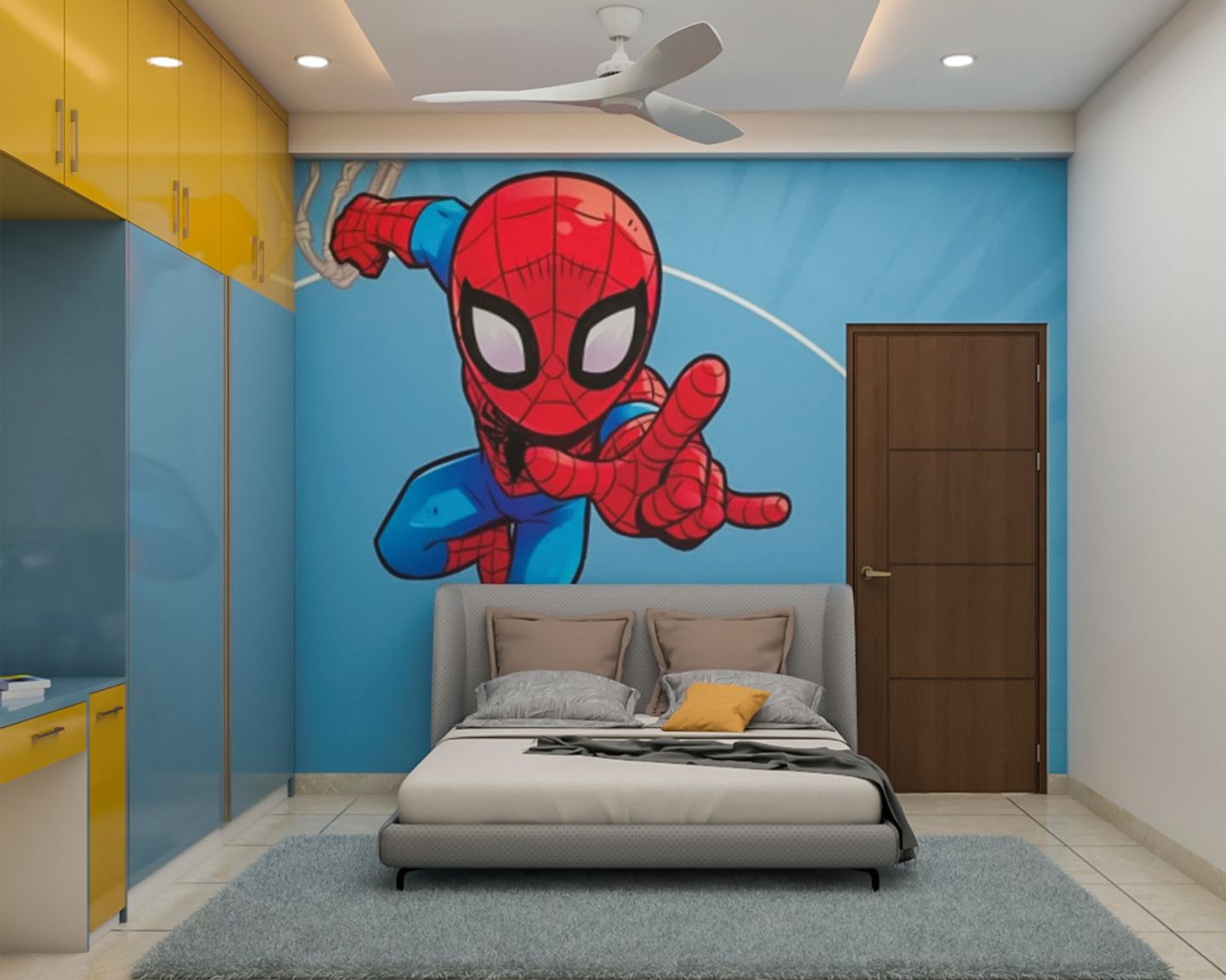 Compact Kid's Bedroom Design With Spiderman Wallpaper - Livspace