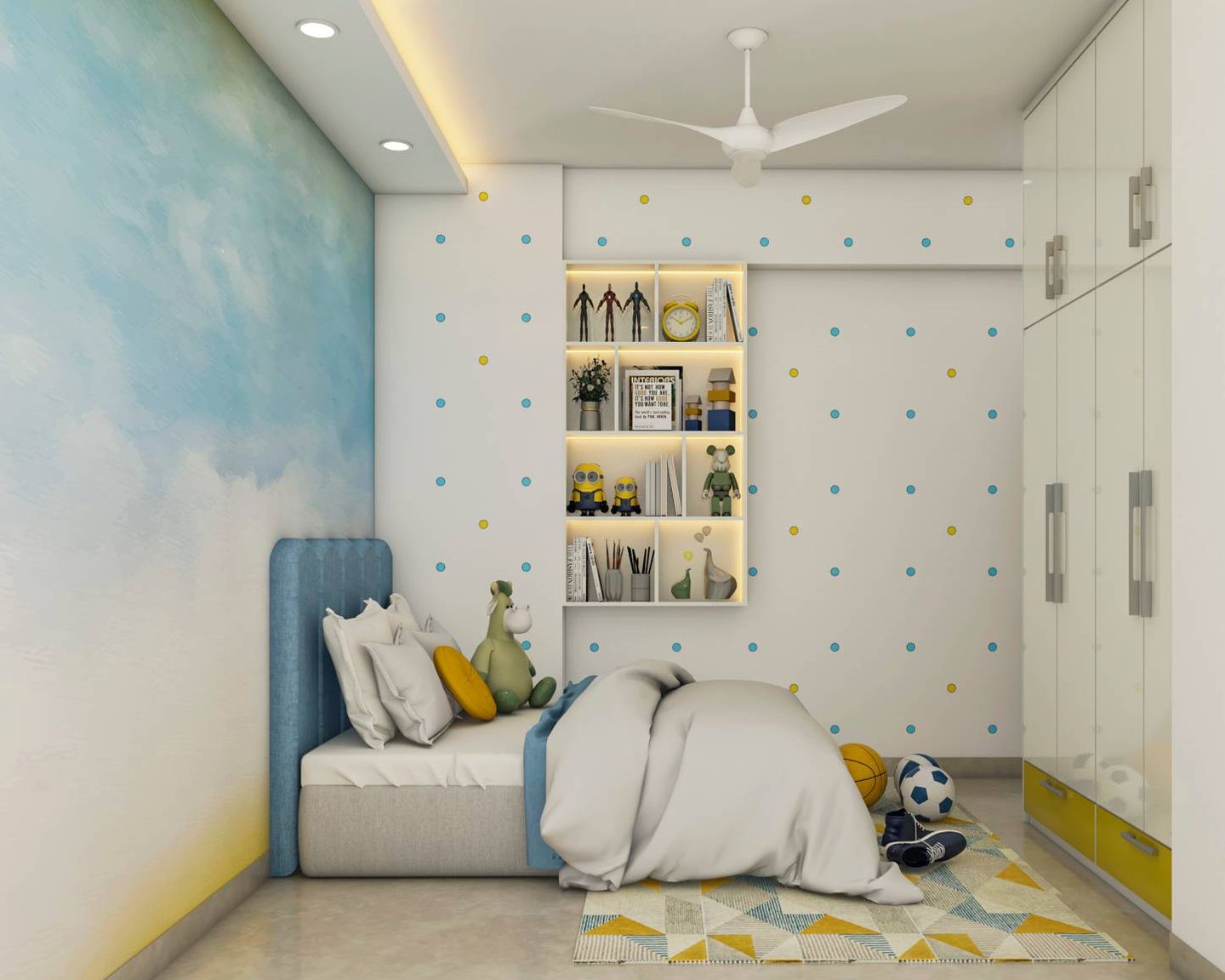 Blue And Yellow Themed Kid's Bedroom Design With Modern Decor