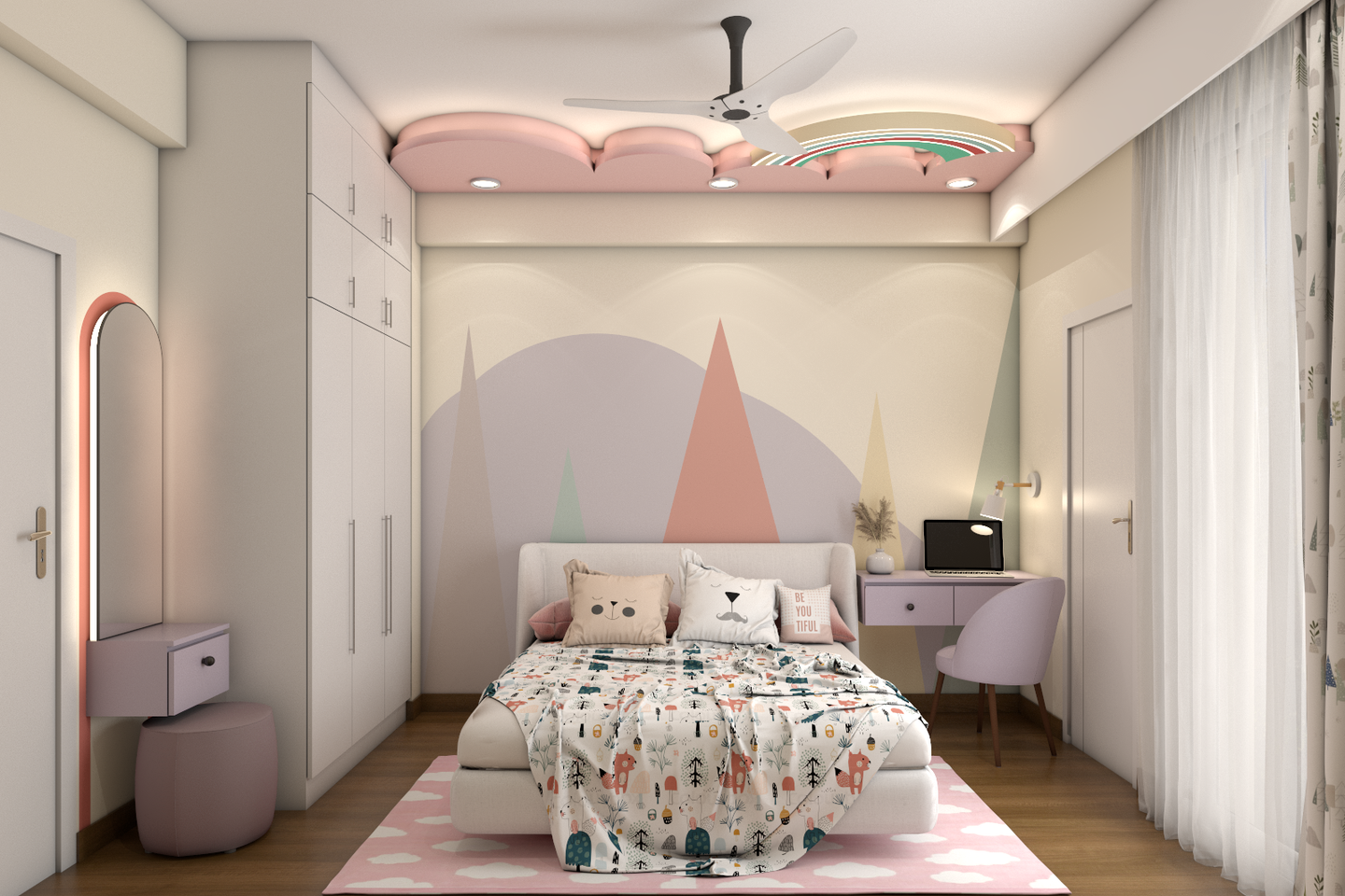 Pastel Spacious Kid's Bedroom Design With Study Desk | Livspace