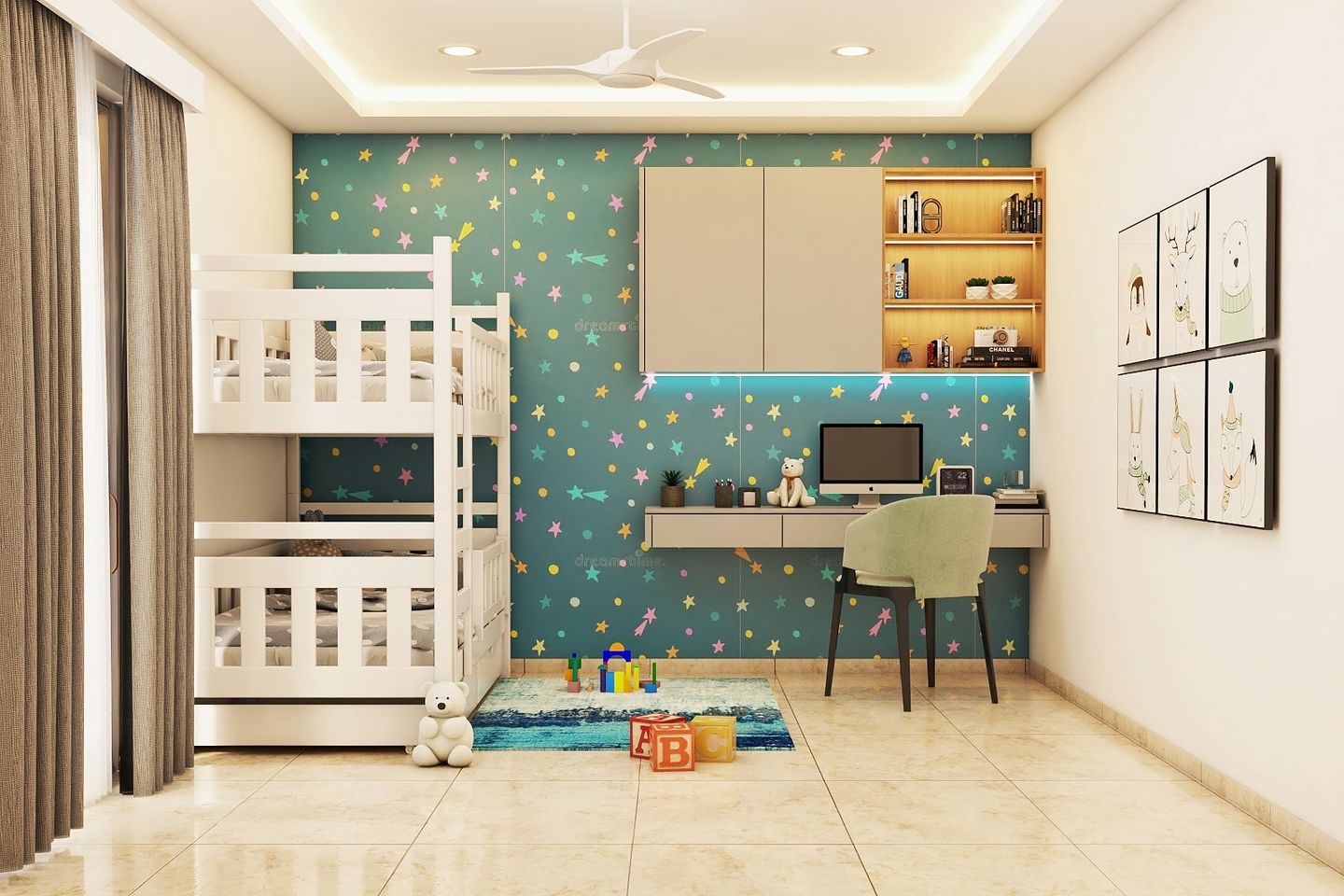 Contemporary Kid's Bedroom Design With Colourful Wallpaper - Livspace