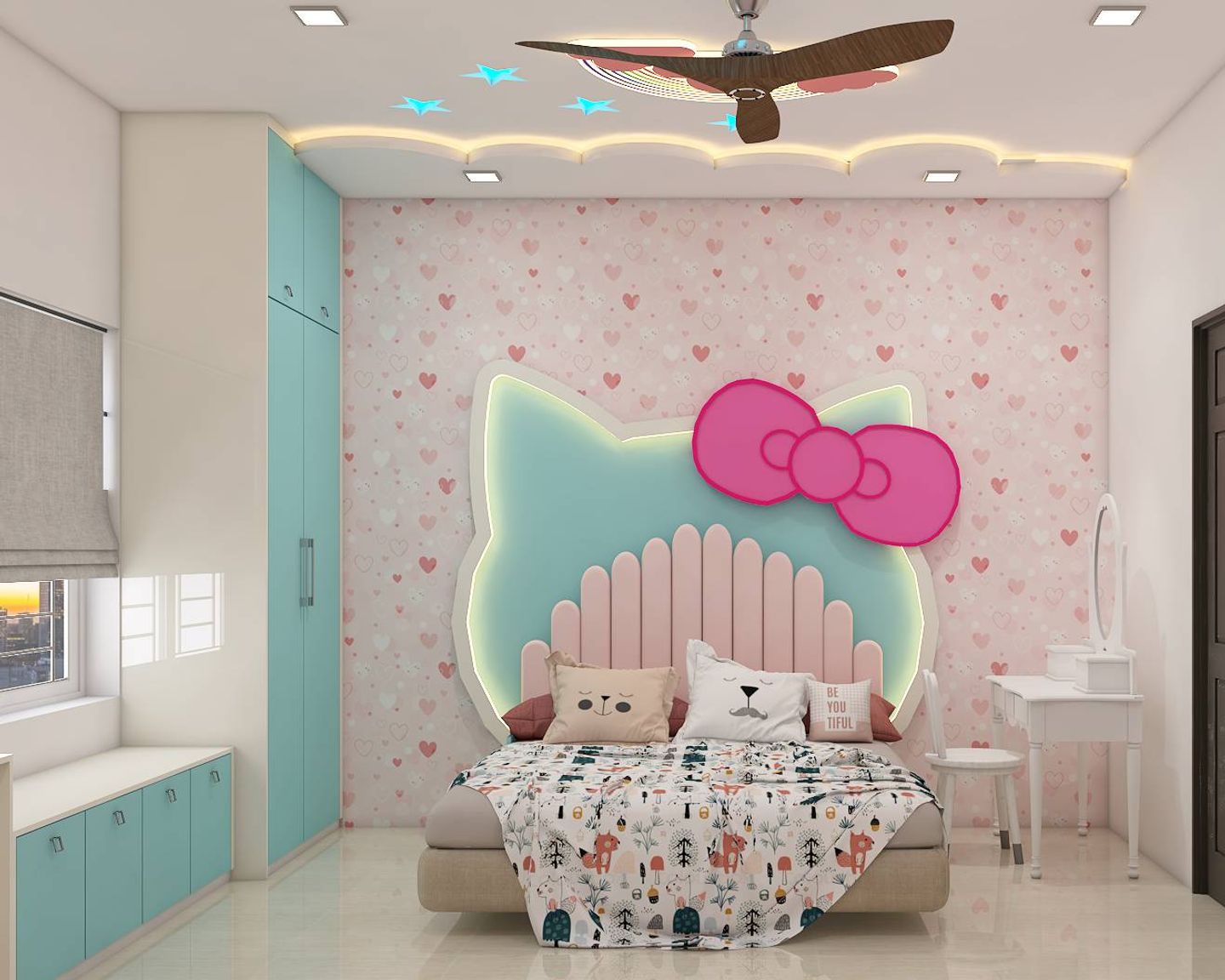 Spacious Kid's Room Design For Girls With Kitty Theme | Livspace