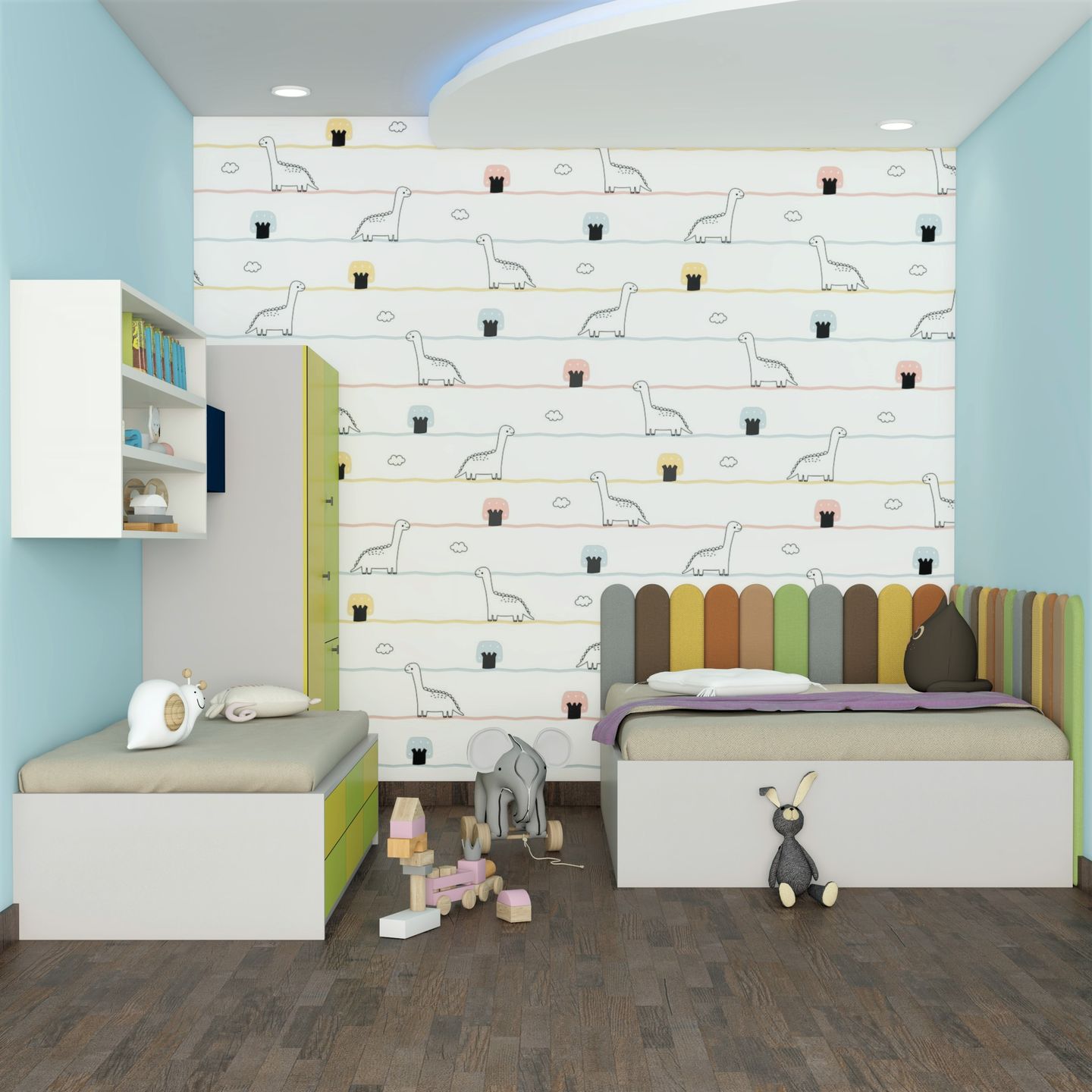 Kid's Bedroom Design With Dinosaur Wallpaper - Livspace