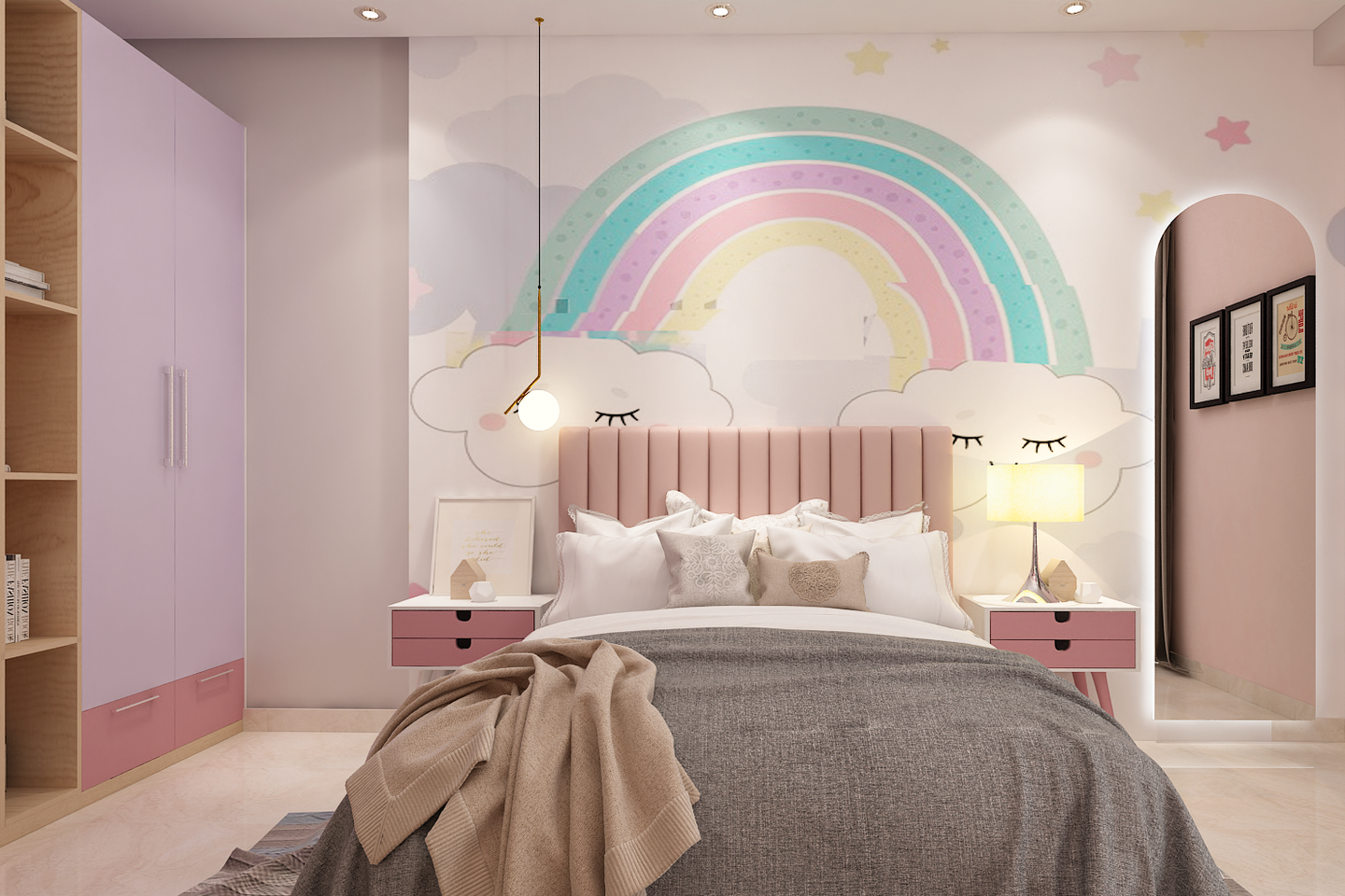 Kid's Bedroom With Rainbow Wallpaper - Livspace