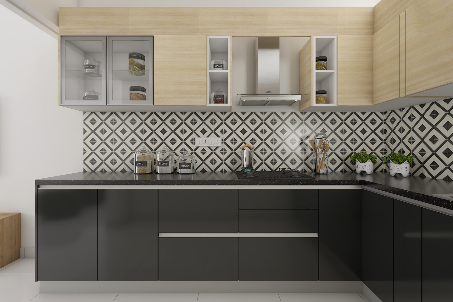 Black And Wood Kitchen Design - Livspace