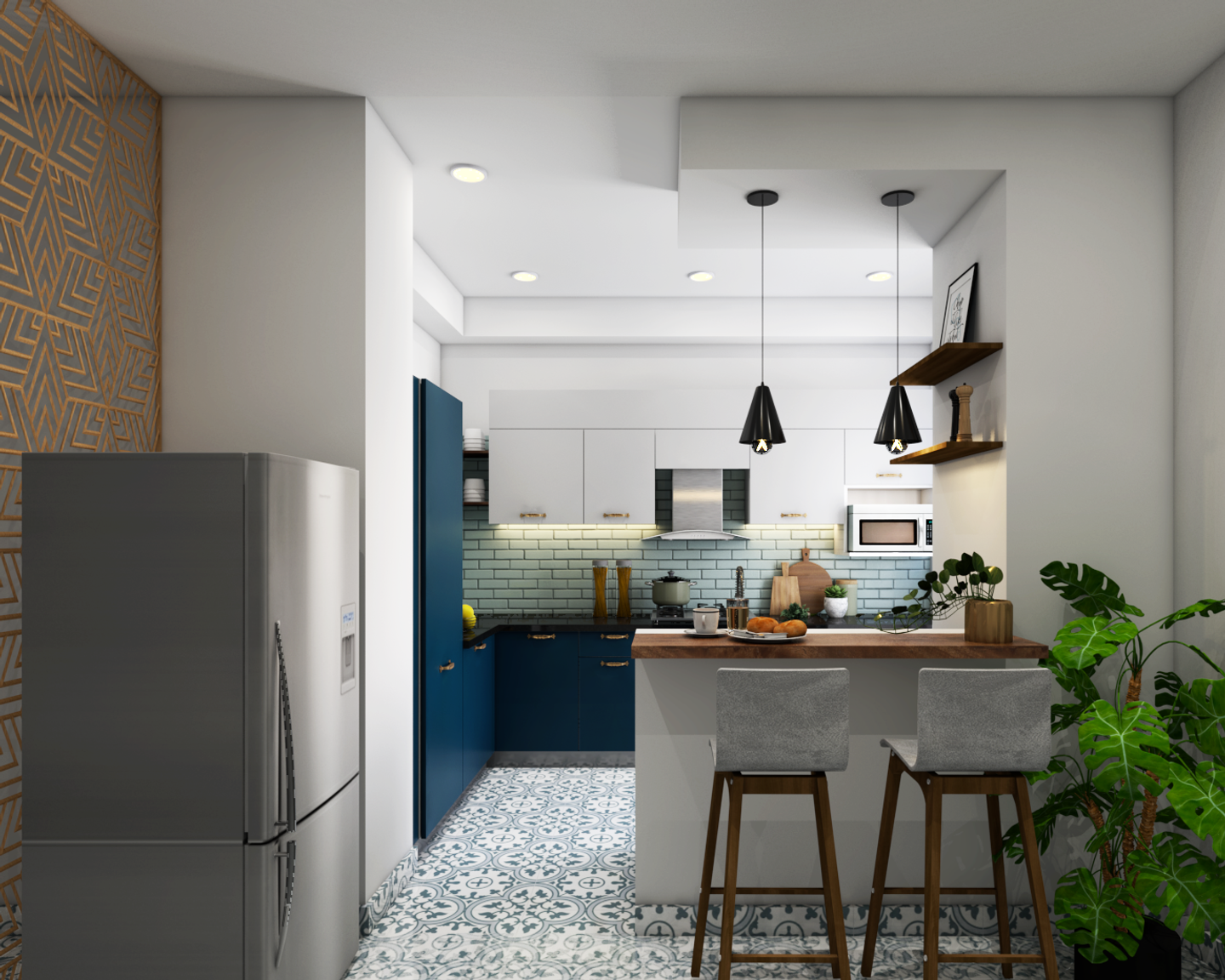 Blue And White Modern Kitchen - Livspace