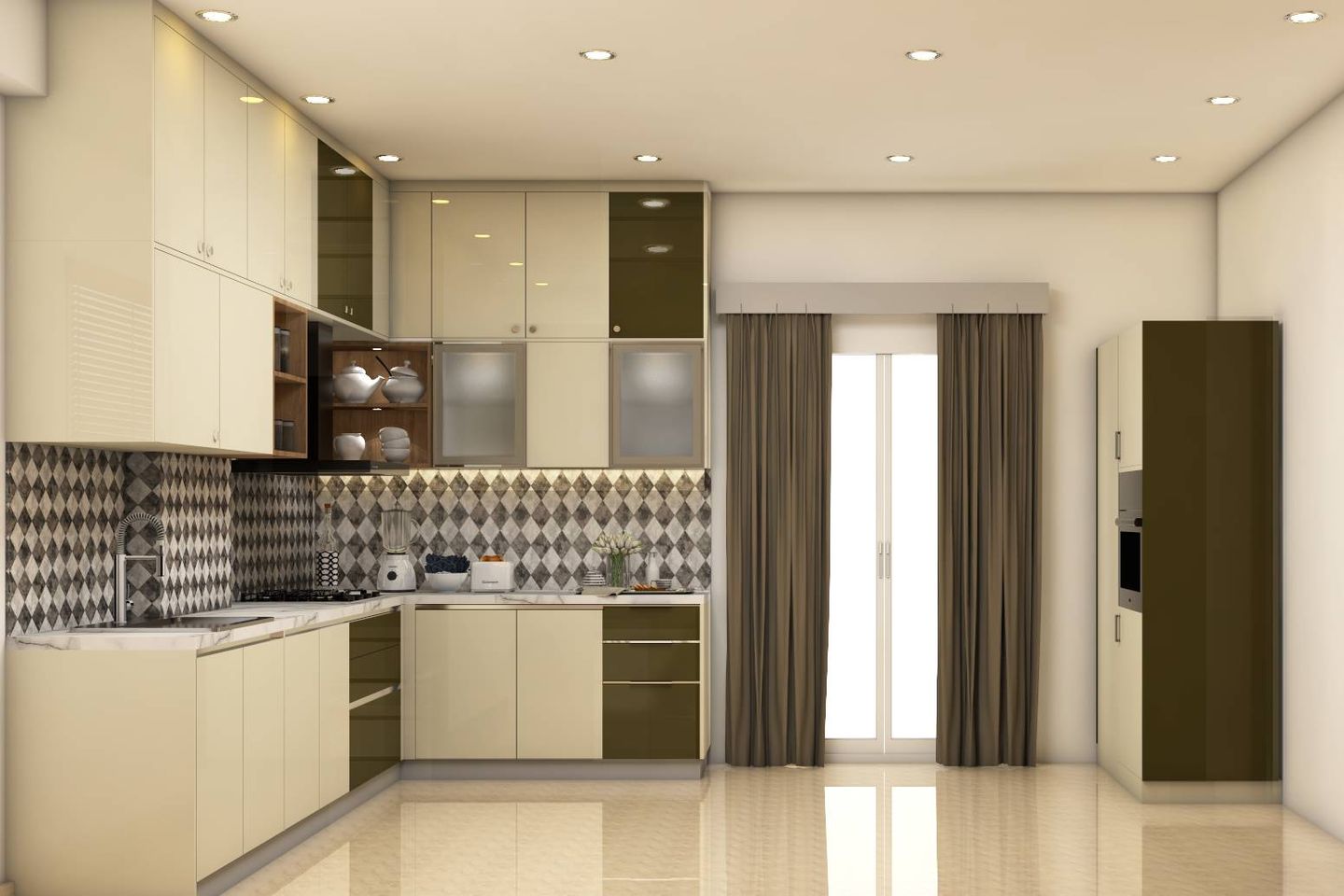 Modern L-Shaped Modular Kitchen Design With Ceiling-Touch Cabinets