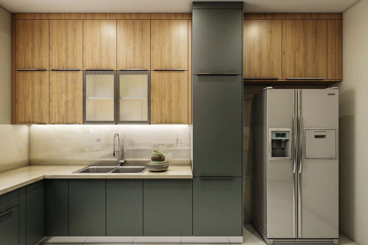 Contemporary L-Shaped Grey And Wood Kitchen Design