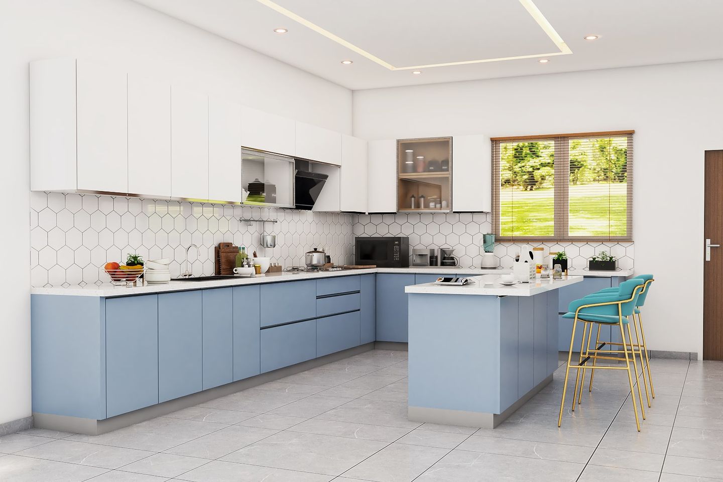 Blue And White Open Kitchen - Livspace