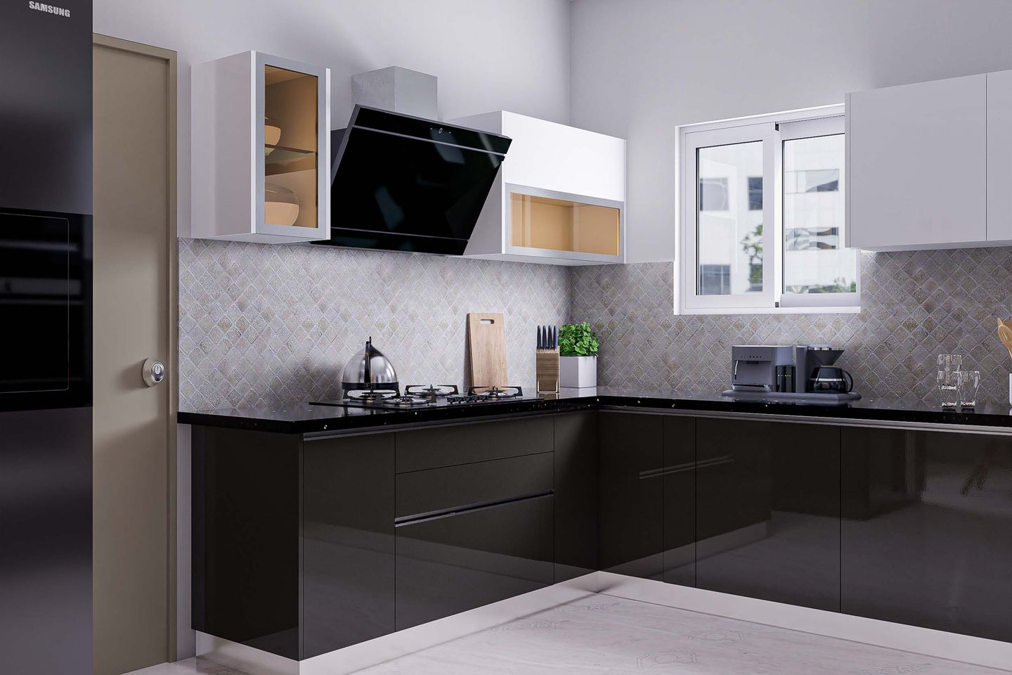 Modern U-Shaped Black And White Kitchen Design