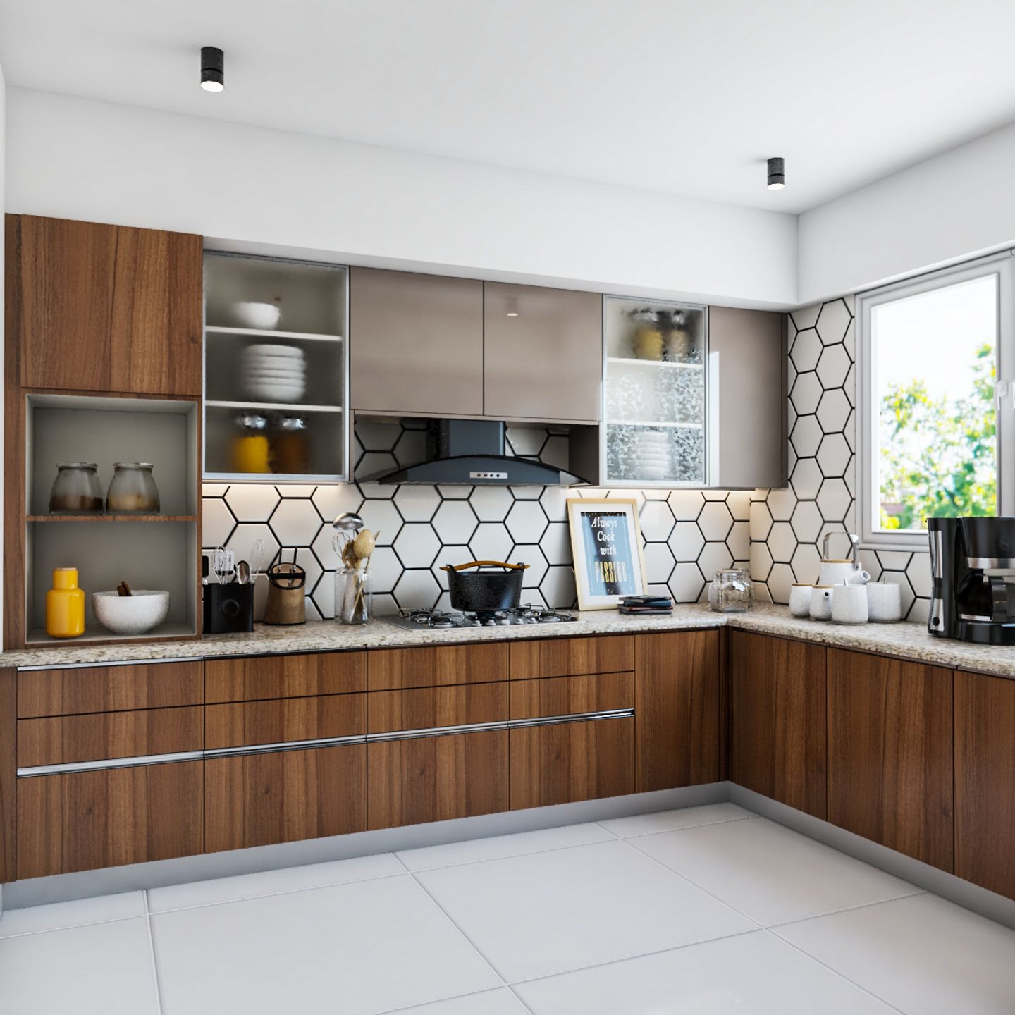 Classic White And Wood Kitchen Design With Walnut Bronze Cabinets | Livspace