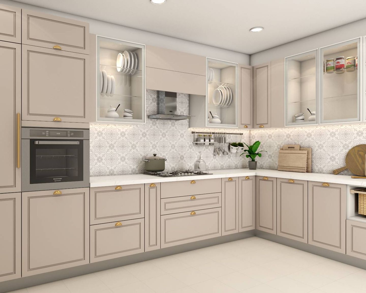 Modern Modular L-Shaped Kitchen Design With Cabinet Strip Lights