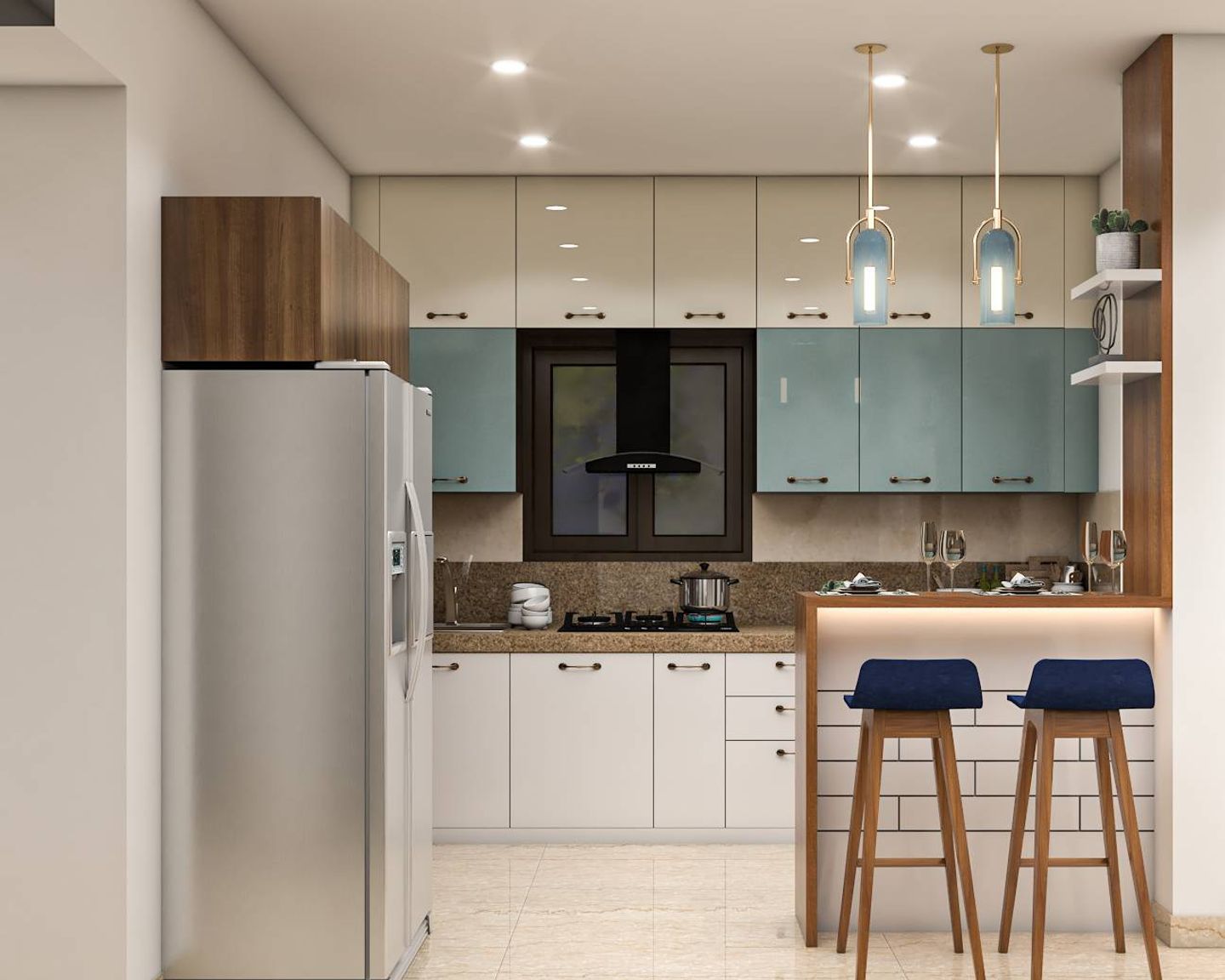 White And Blue Contemporary Straight Modular Kitchen Design