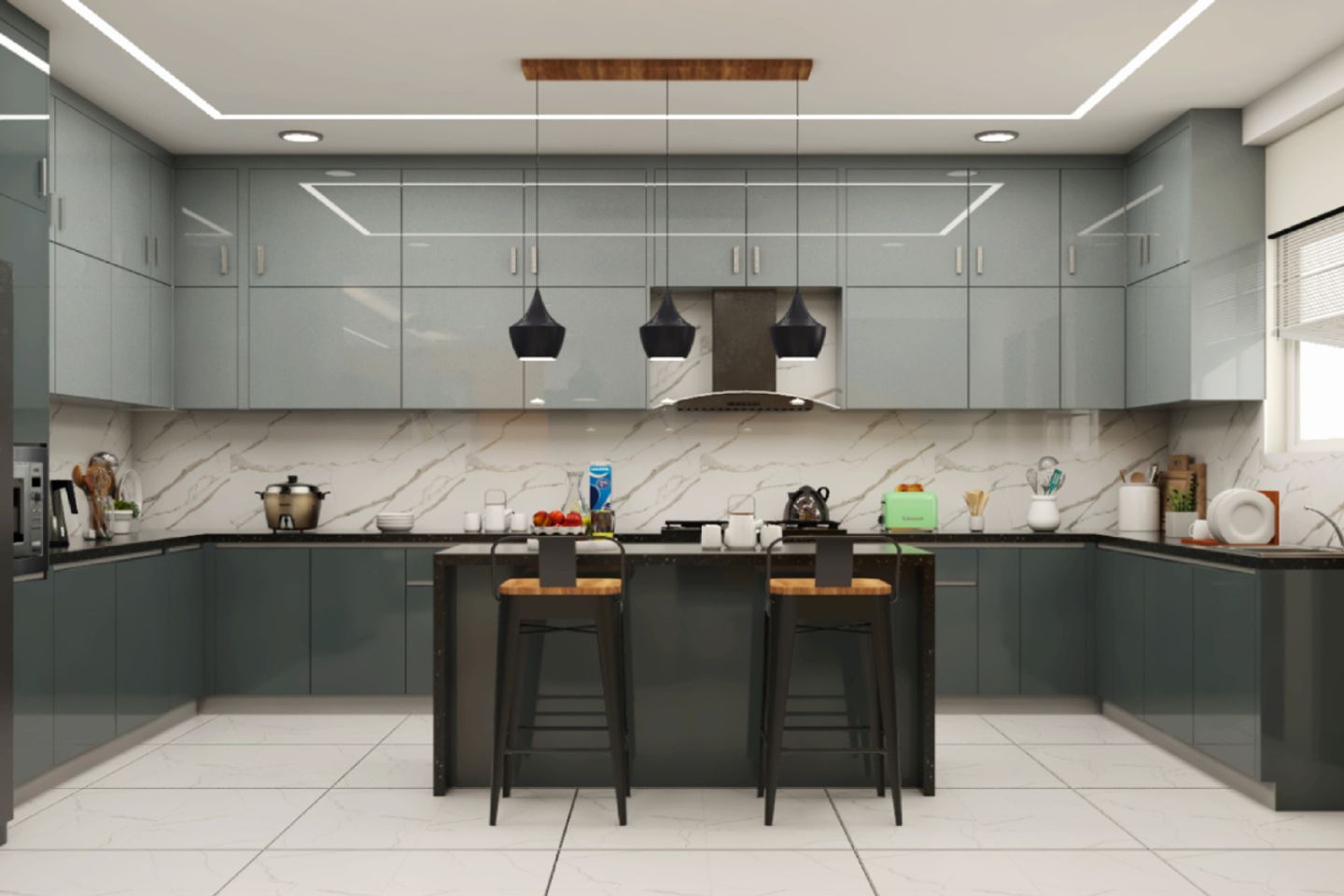 U-Shaped Modern Kitchen Design With Grey Shutters