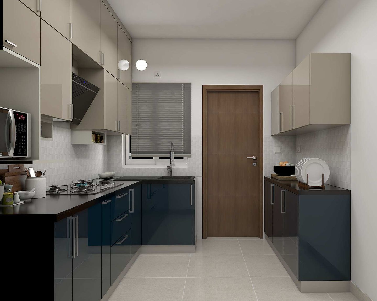 Modern L-Shaped Blue And Beige Kitchen Design