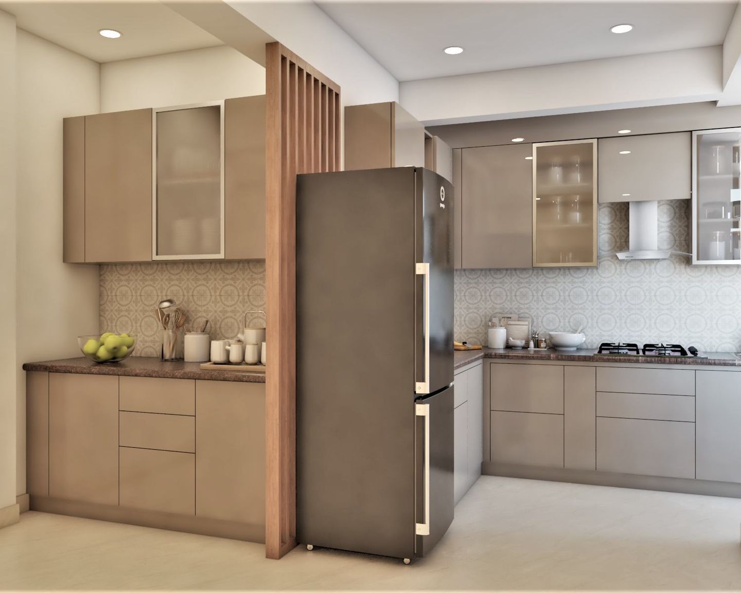 Modern L-Shaped Modular Kitchen Design With Beige And White Patterned Dado