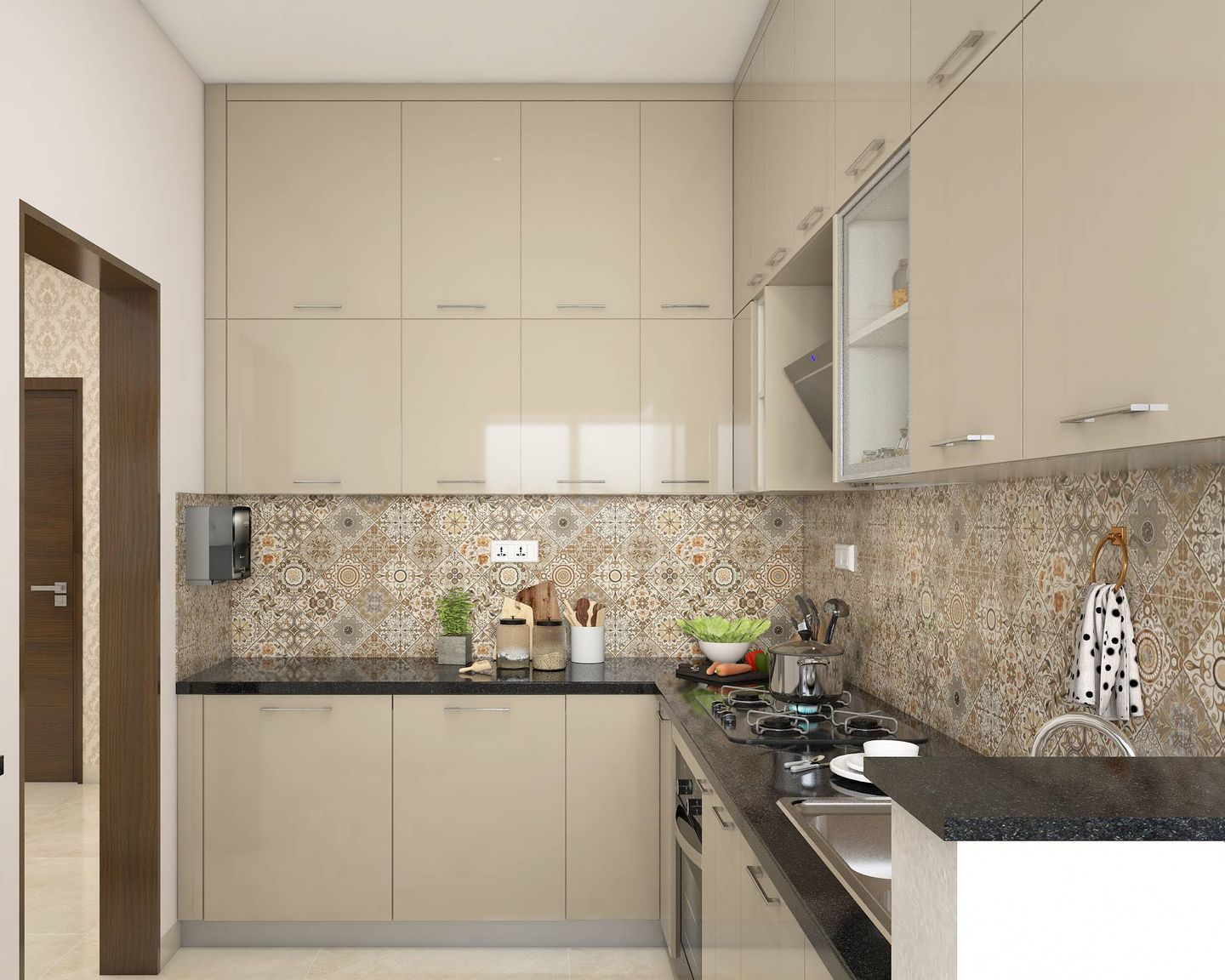 Modern L-Shaped Modular Kitchen Design Idea With Beige Cabinets
