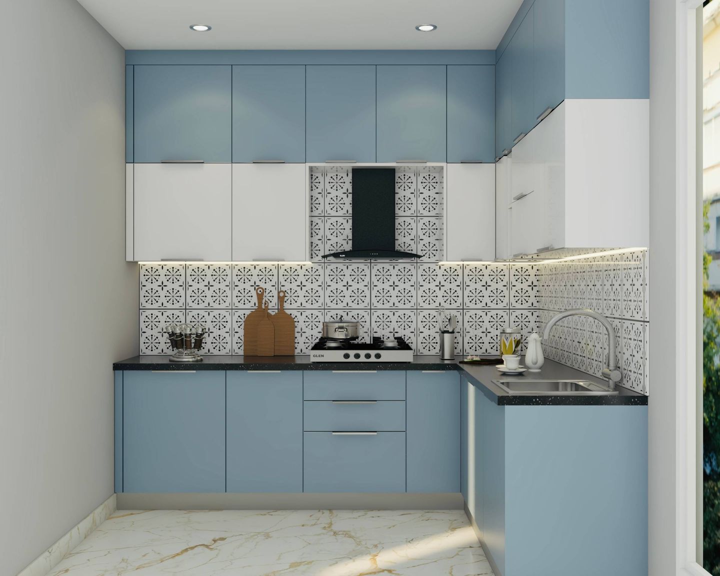 Blue Toned L-shaped Kitchen Design - Livspace