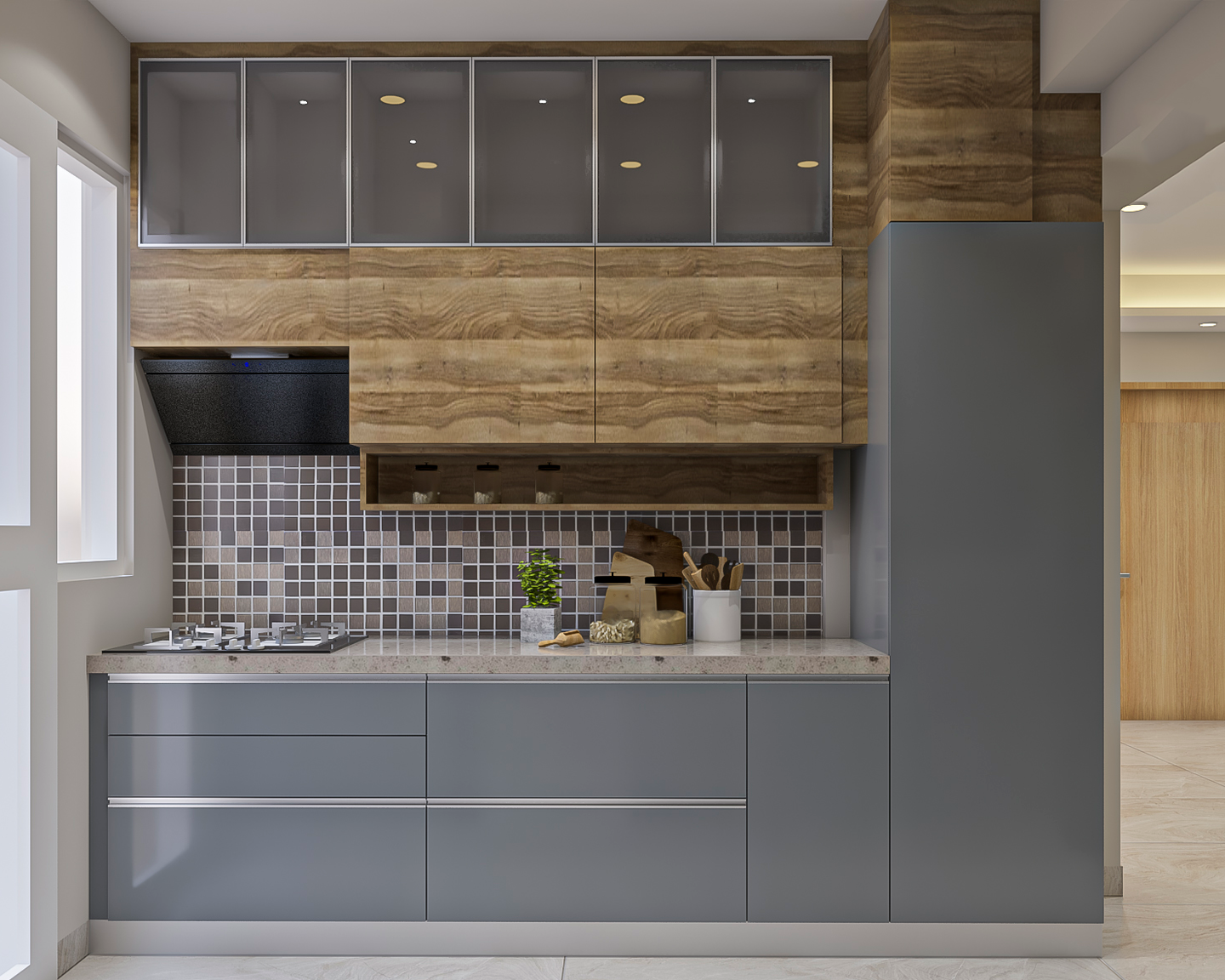 Spacious Kitchen Design In Grey And Wood | Livspace