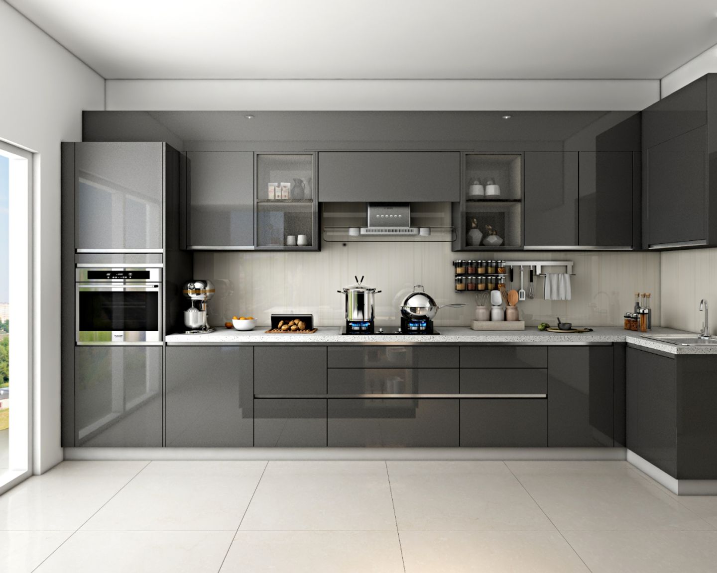 Modern Modular Kitchen Design With Sophisticated Grey Shutters