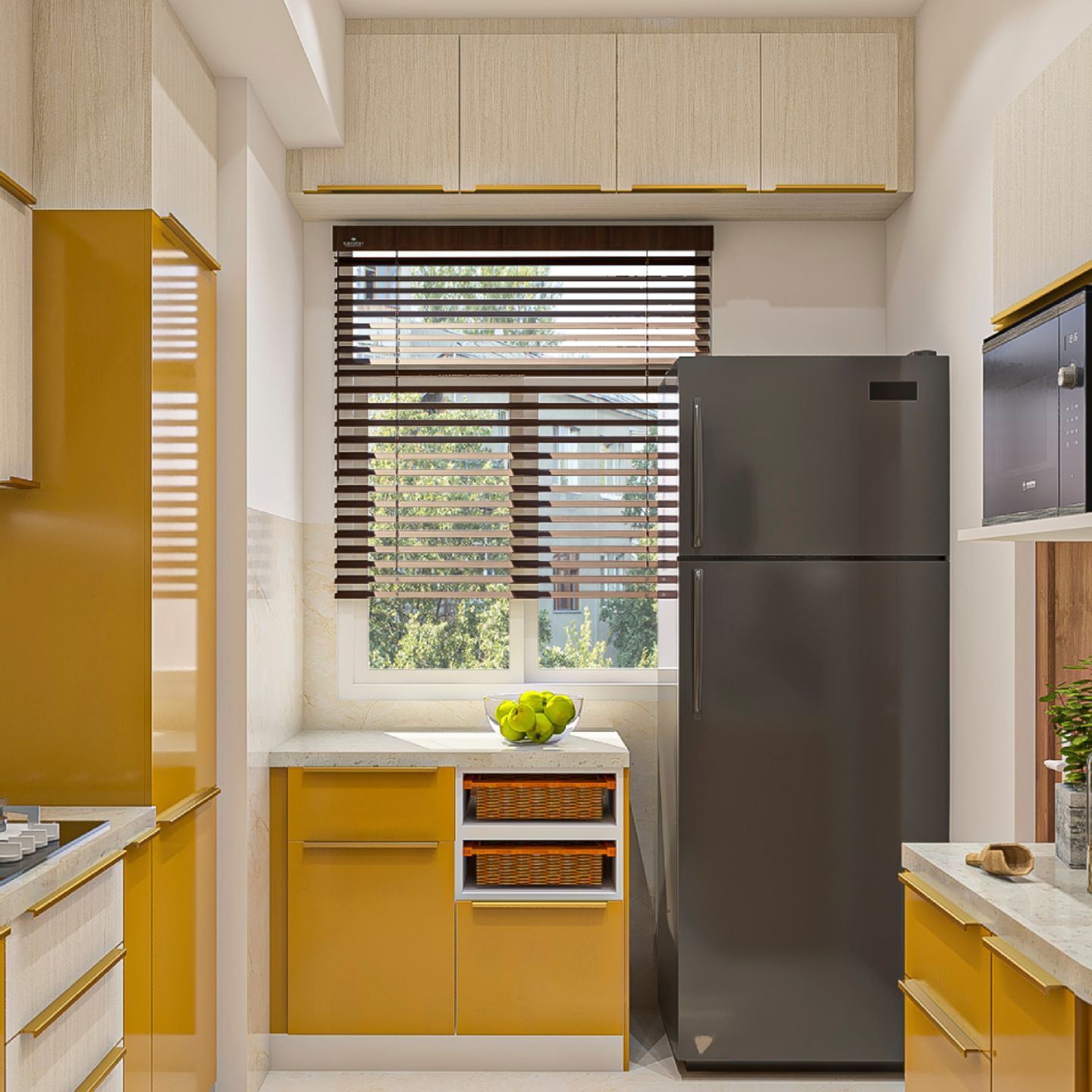 Yellow And Acacia Wooden Grain Modular L-Shaped Kitchen Design