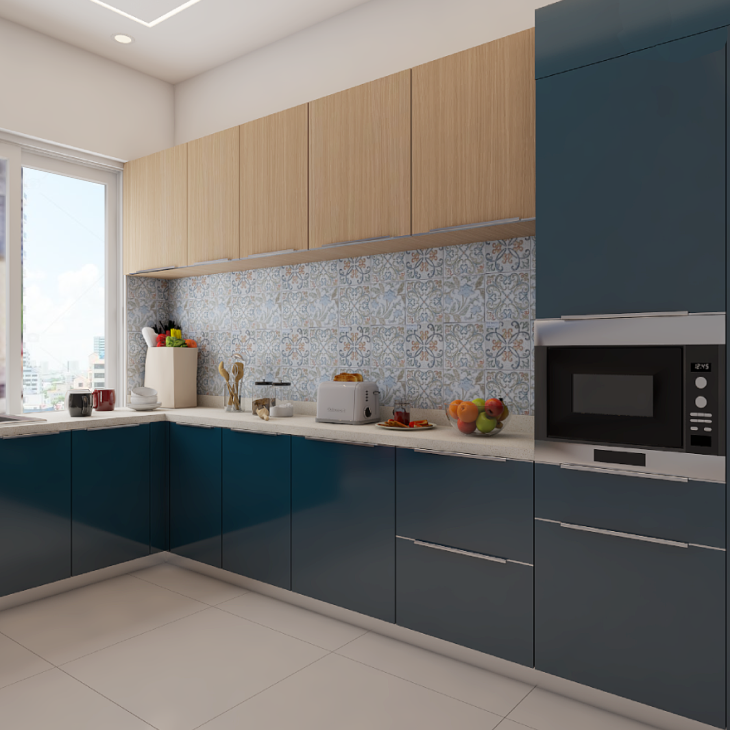Dark Blue Modern Compact U-Shaped Kitchen Design Idea | Livspace