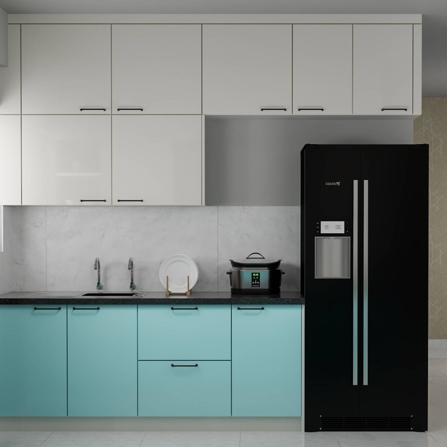 Compact Parallel Kitchen Design In Blue And White