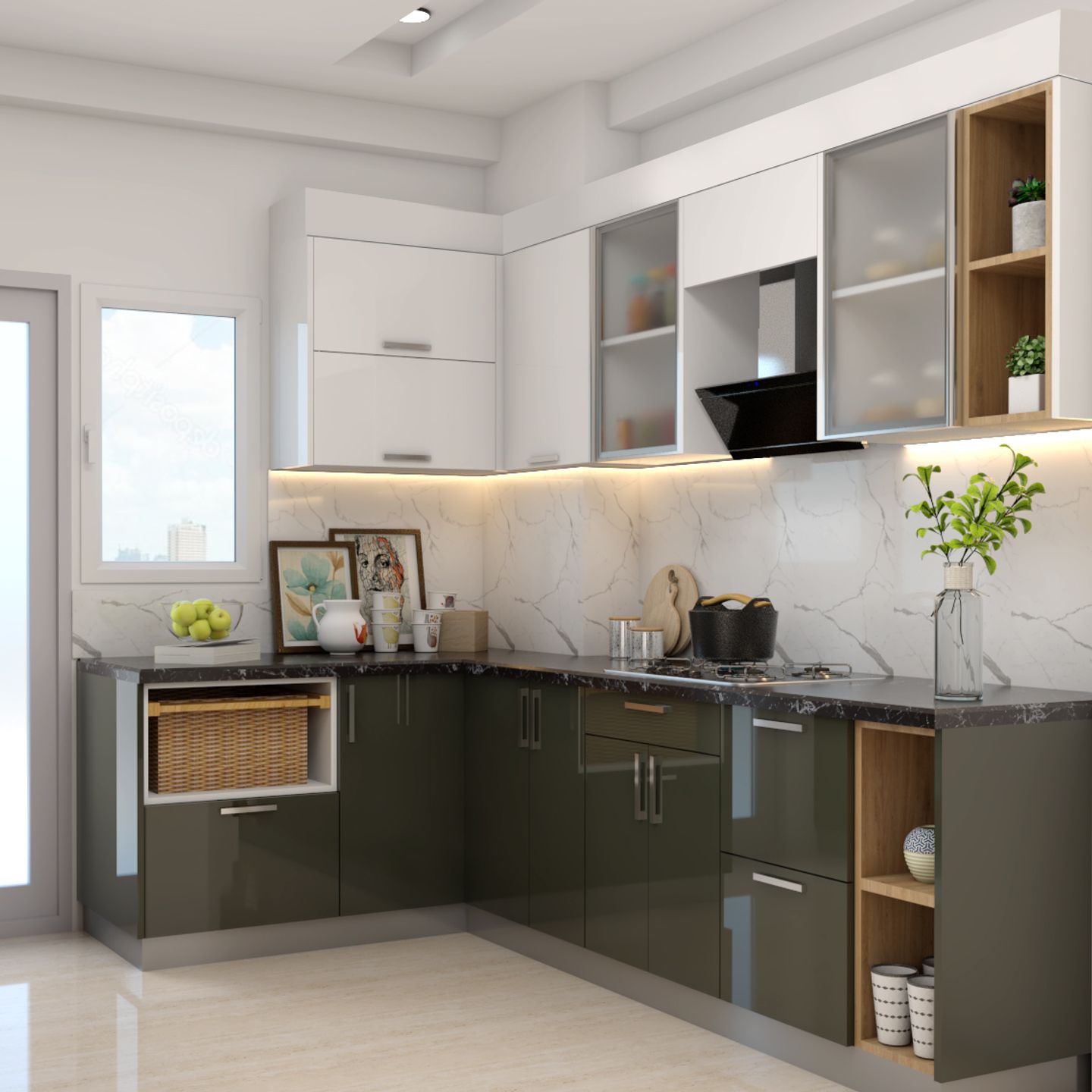 Green And White Kitchen Design Idea - Livspace