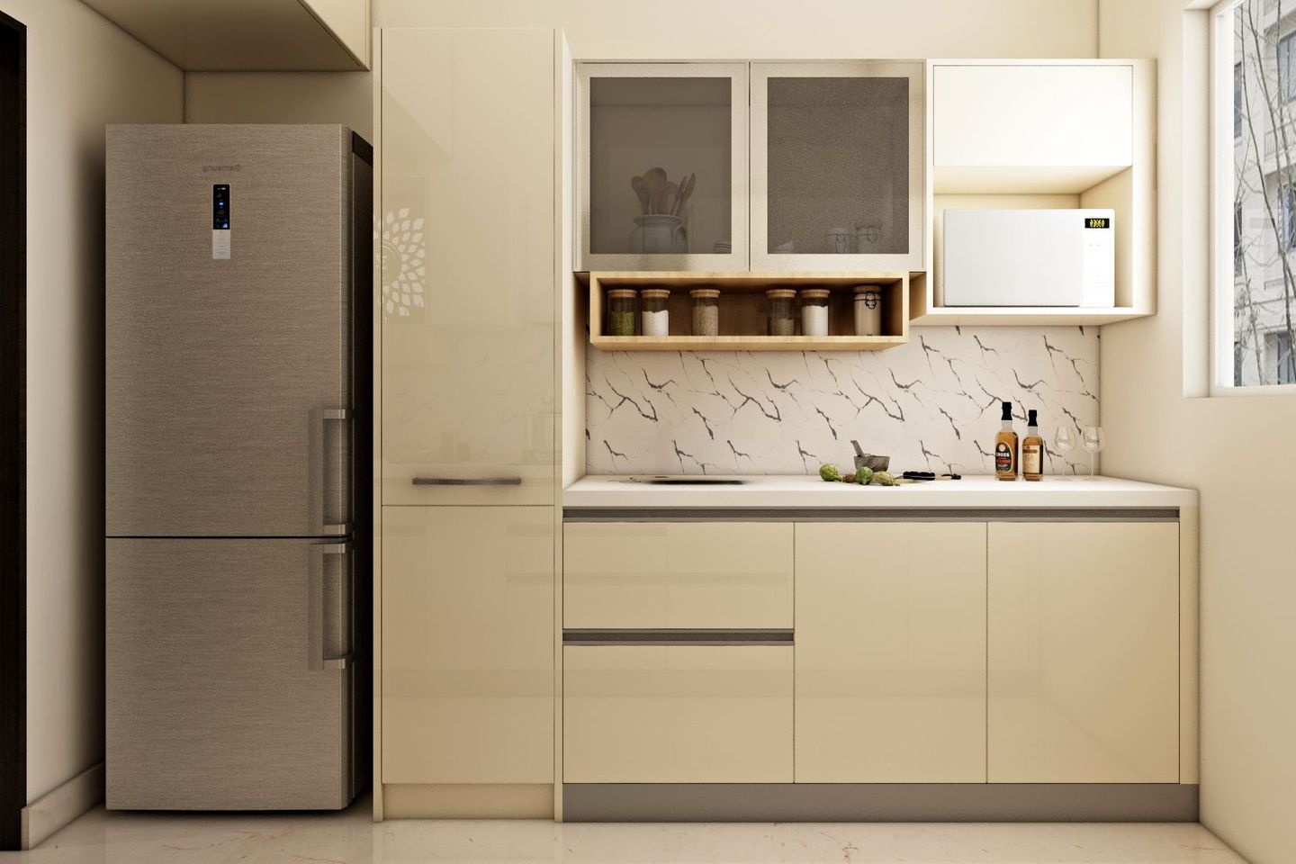 Contemporary Parallel Kitchen Design With Off-White Cabinets
