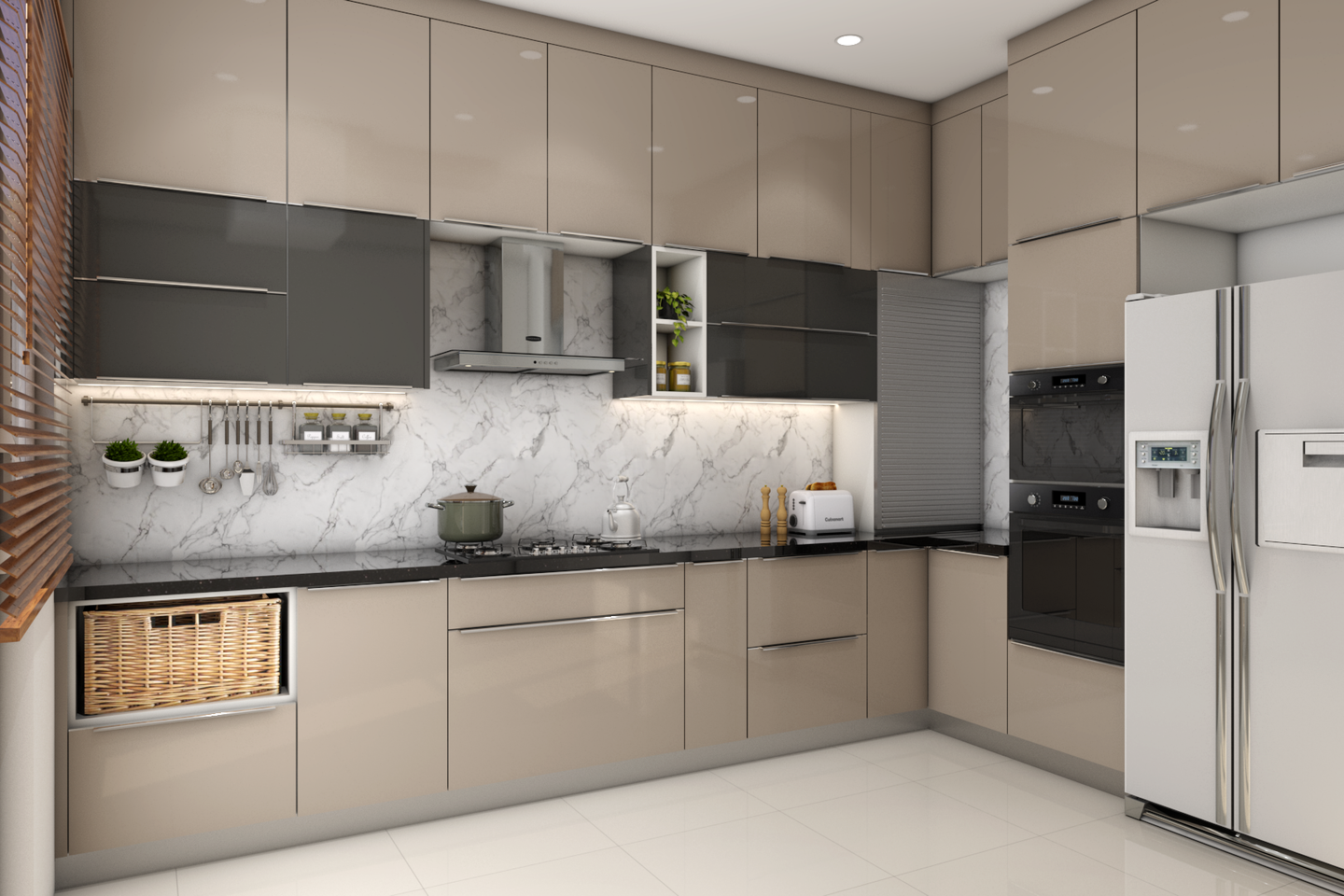 Spacious Modular Kitchen In Beige And Black 