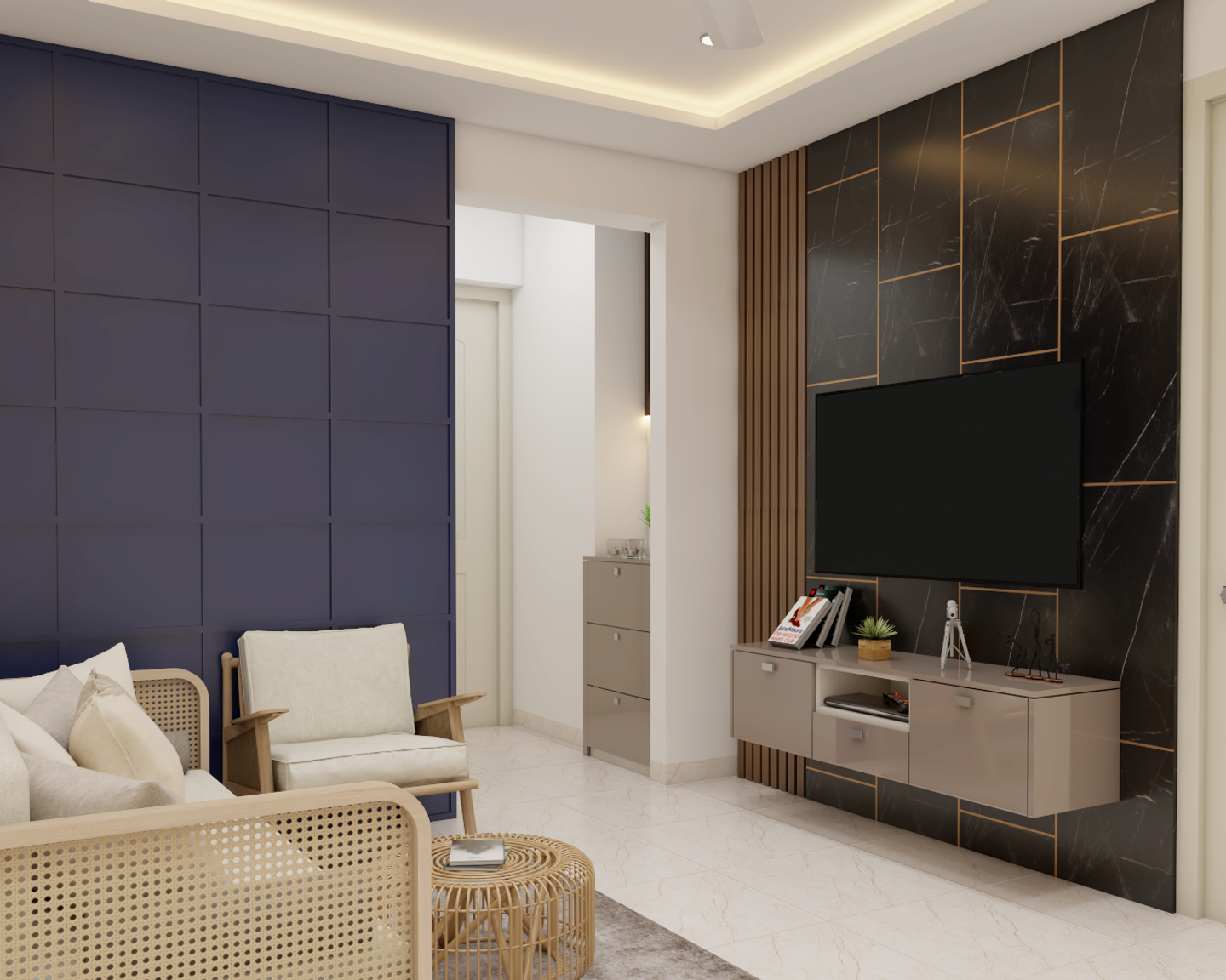 Compact Living Room Design With Wall Mounted TV Unit | Livspace