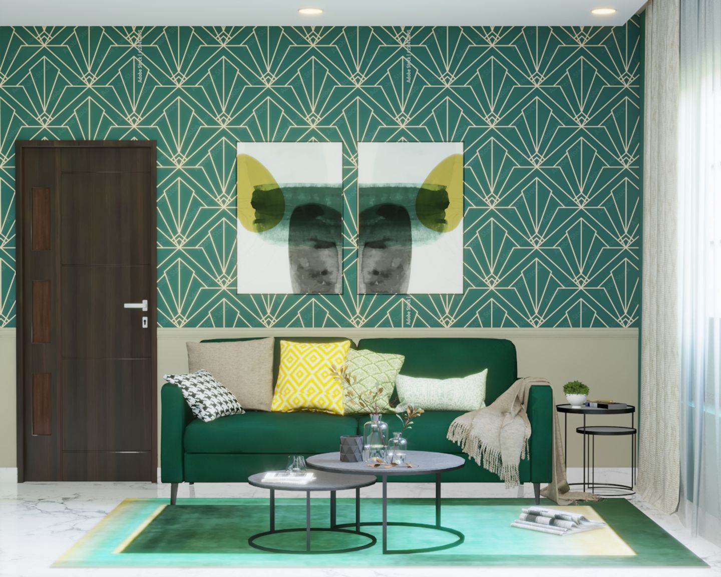 Modern Living Room Design With Green Geometric Wallpaper - Livspace