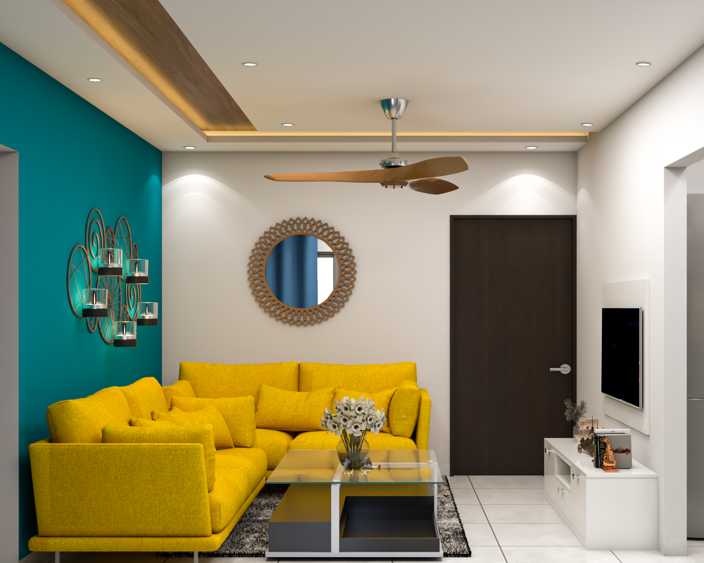 Living Room In Yellow And Teal Accent Wall - Livspace