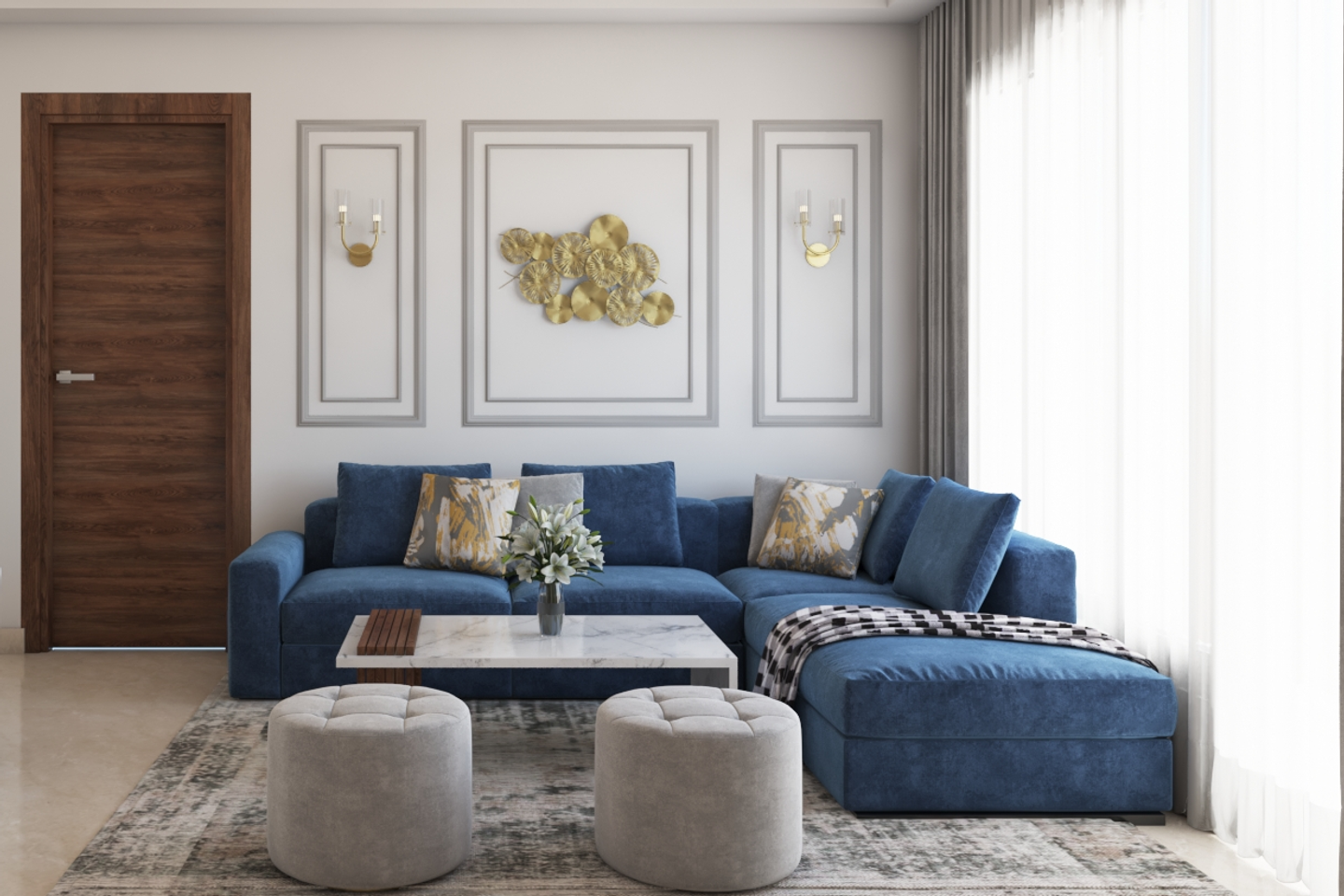 Contemporary L-Shaped Living Room Design In Blue And Grey | Livspace