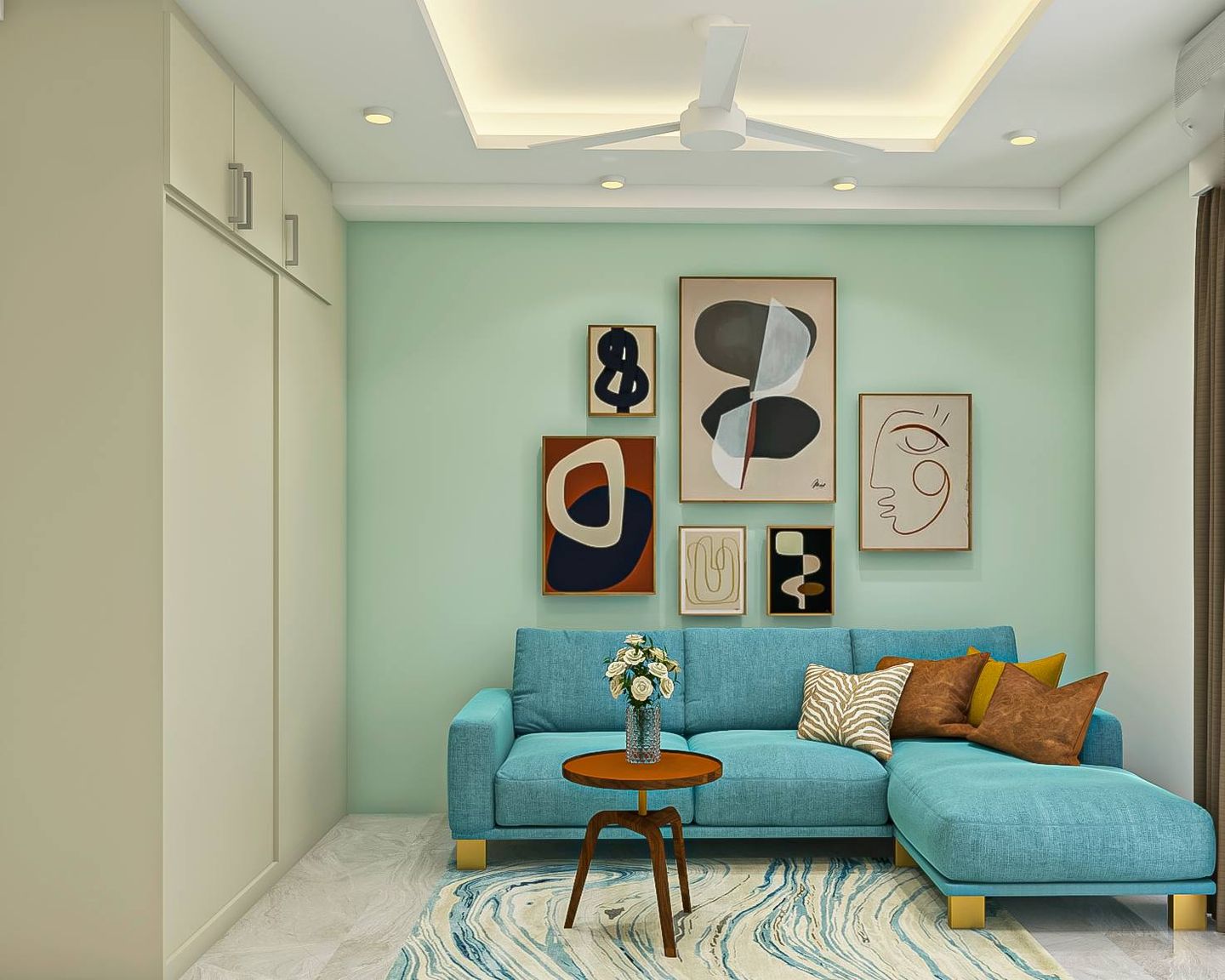 Blue And Cream Living Room - Livspace