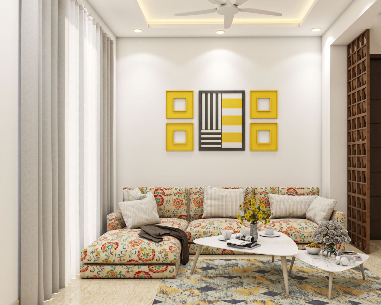 Floral Living Room Design - Livspace