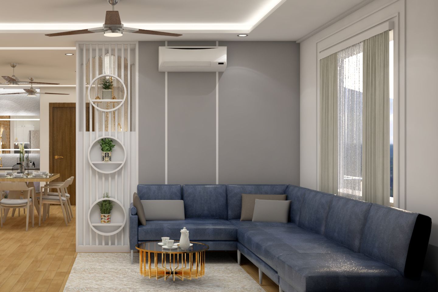 Modern Living Room Design With Blue U-Shaped Sofa