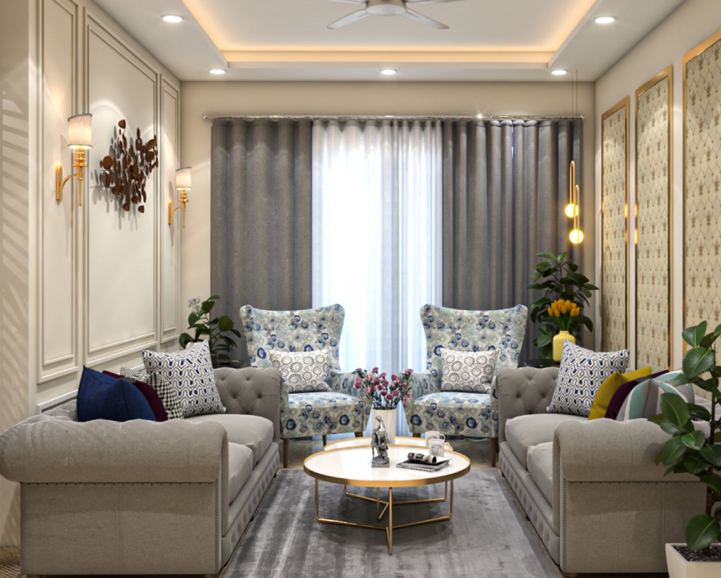 Spacious Living Room Design with White Trims And Floral Accent Chairs ...