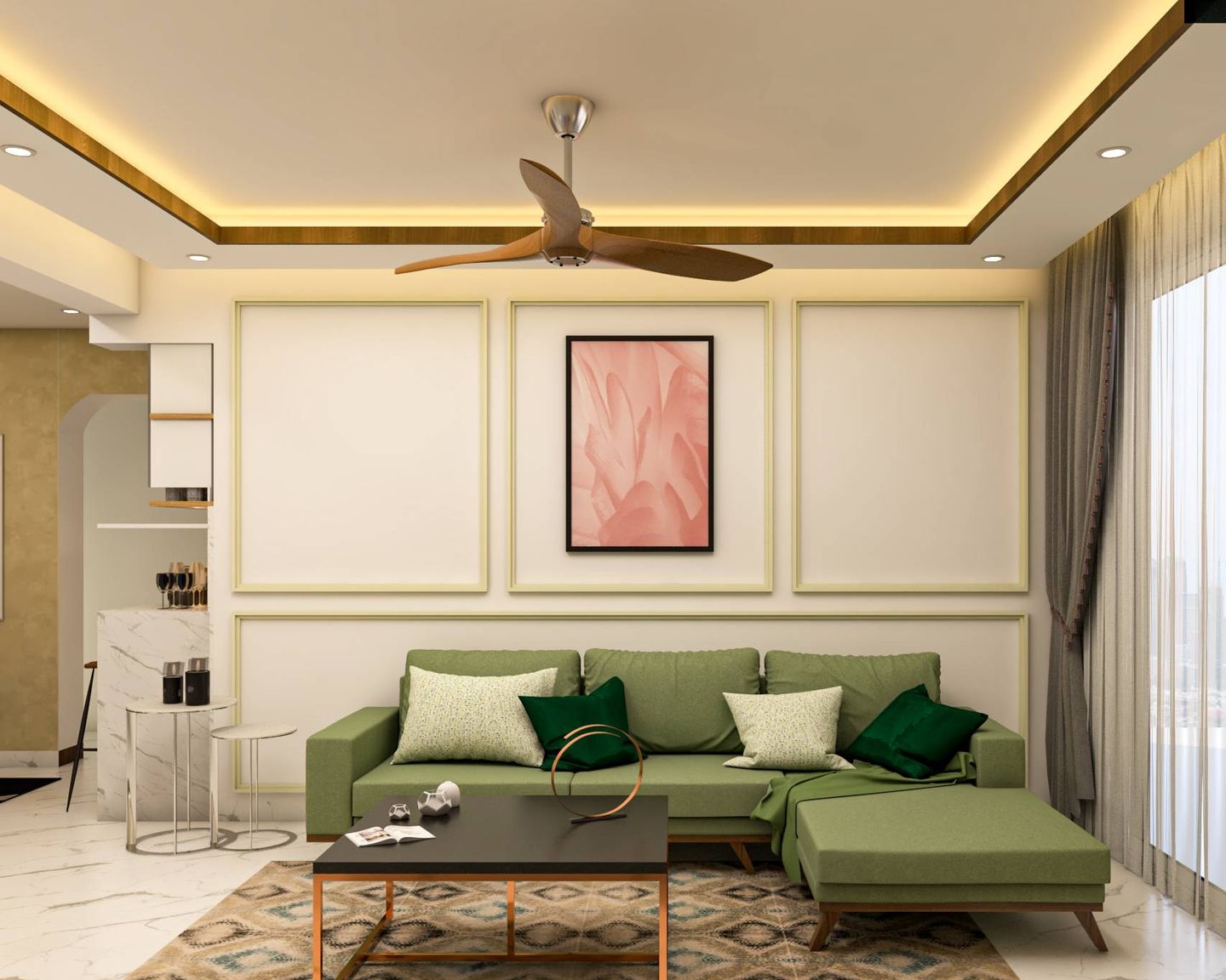 False ceiling with warm lighting and matching wall trims - Livspace