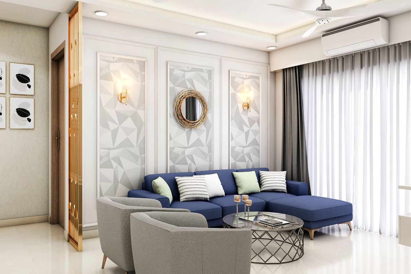 Contemporary Living Room Design With Geometric Wallpaper And Blue Sofa
